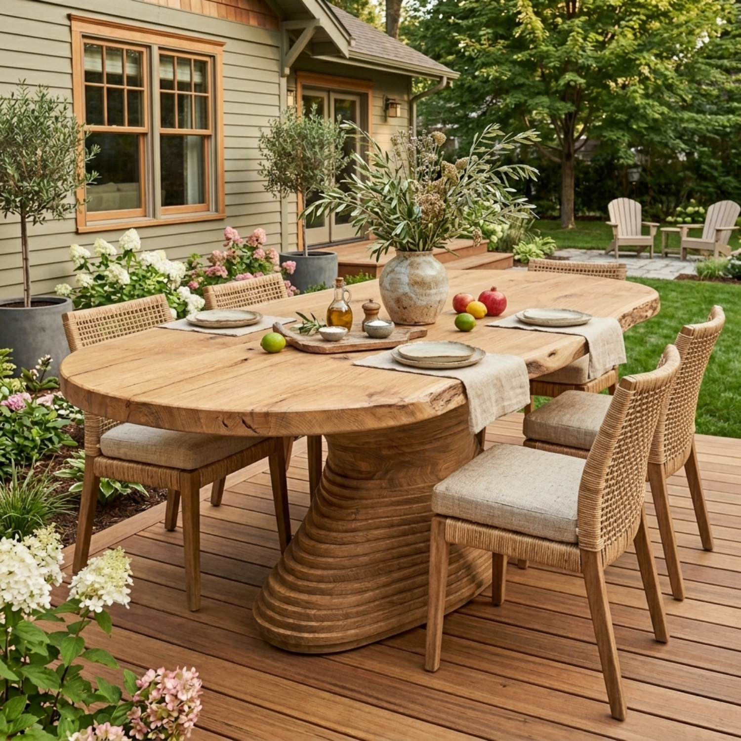 Live Edge Solid Wood Outdoor Dining Table with Sculptural Spiral Pedestal Base