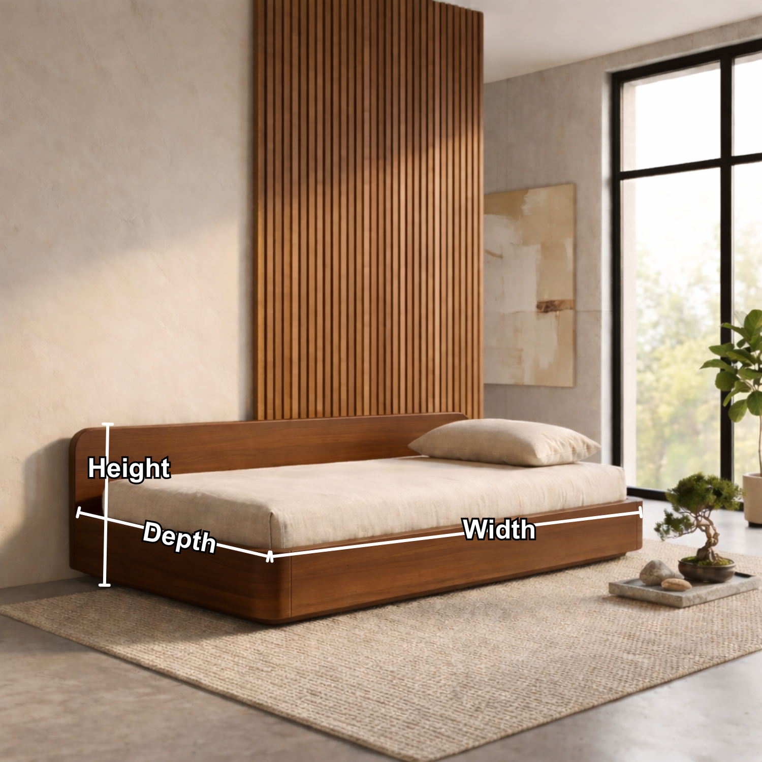 Solid Wood Daybed Frame with Backrest – Modern Minimalist Platform Lounge Bed