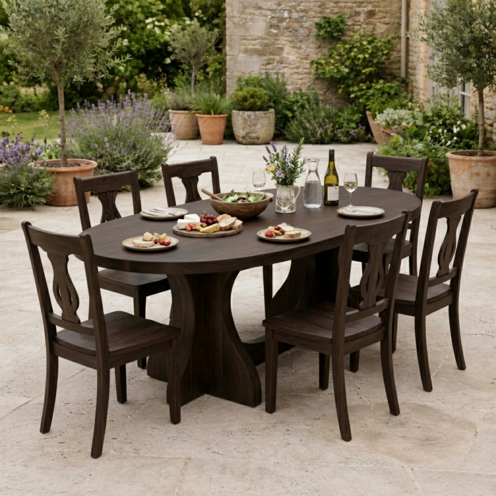 Oval Solid Wood Outdoor Dining Table with Curved Double Pedestal Base