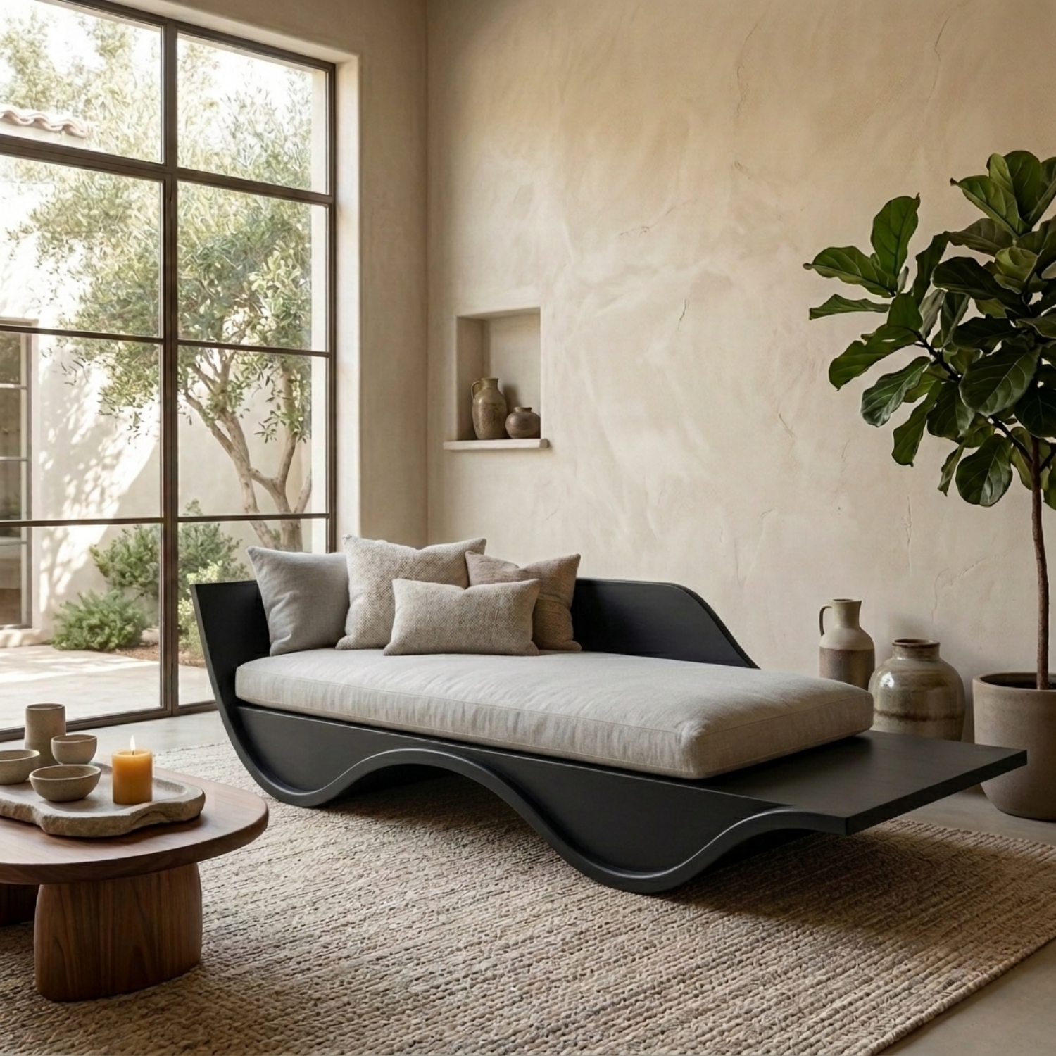 Solid Wood Curved Daybed Frame – Modern Minimalist Wave Design Lounge Bed