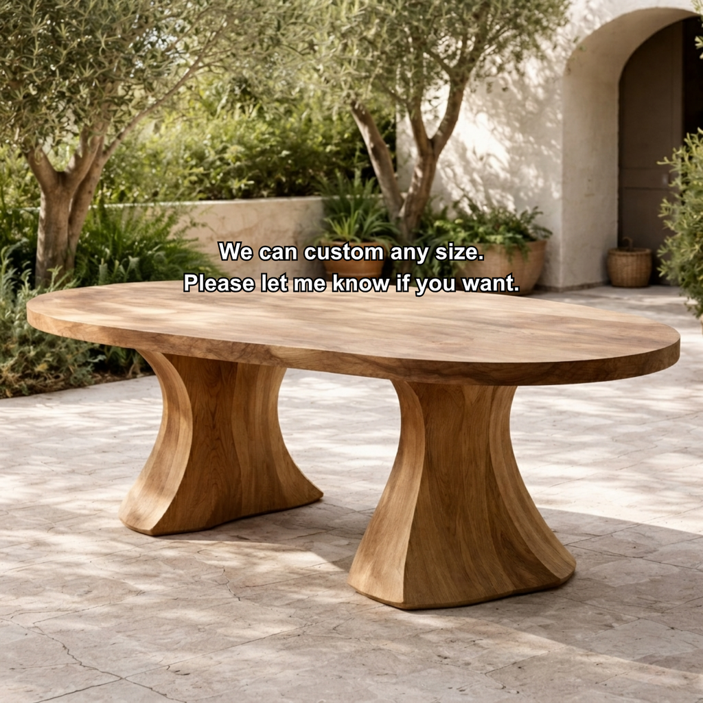 Oval Solid Wood Outdoor Dining Table with Sculpted Pedestal Bases