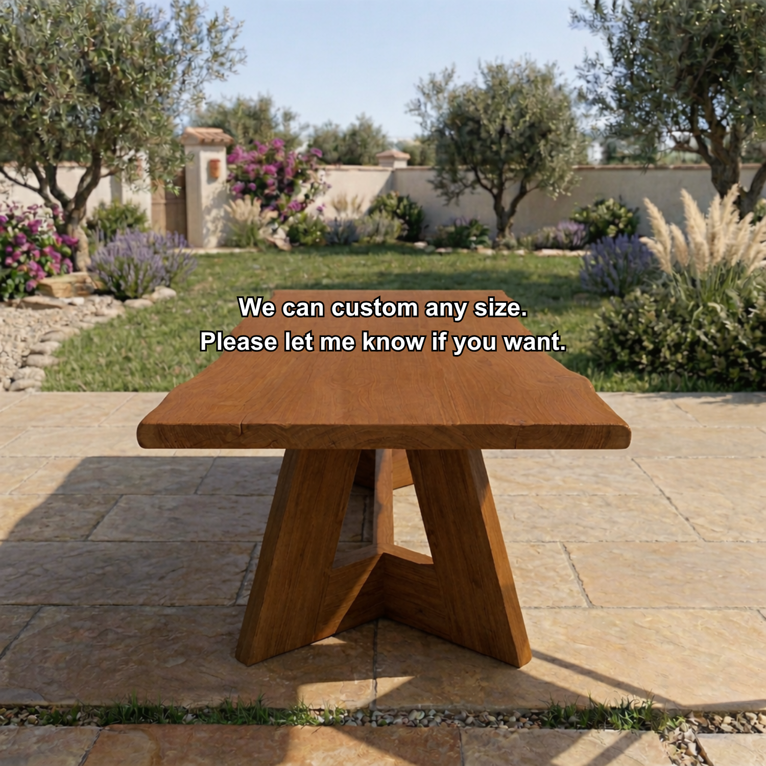 Rectangular Solid Wood Outdoor Dining Table with Geometric Pedestal Base
