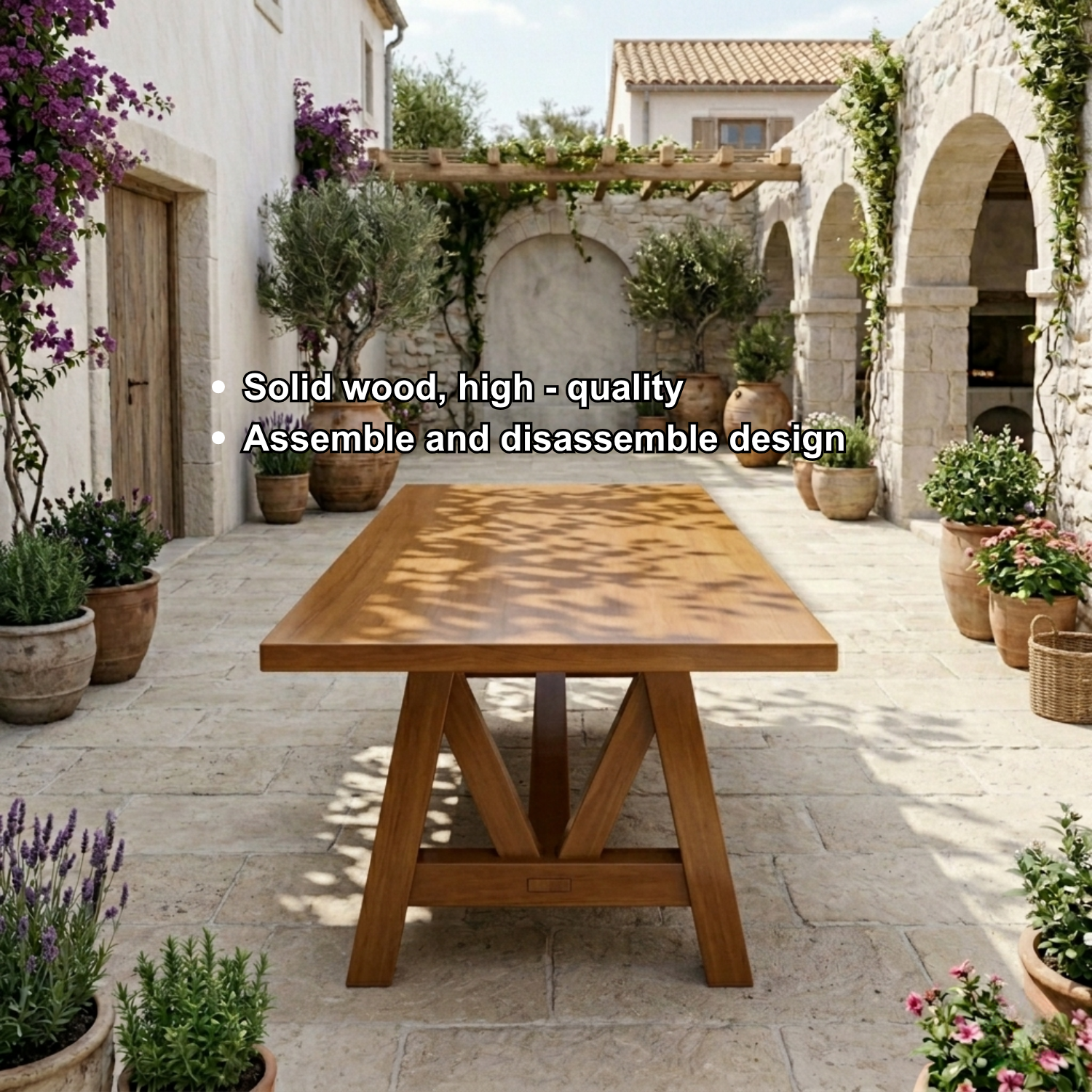 Rectangular Solid Wood Outdoor Dining Table with A-Frame Pedestal Base