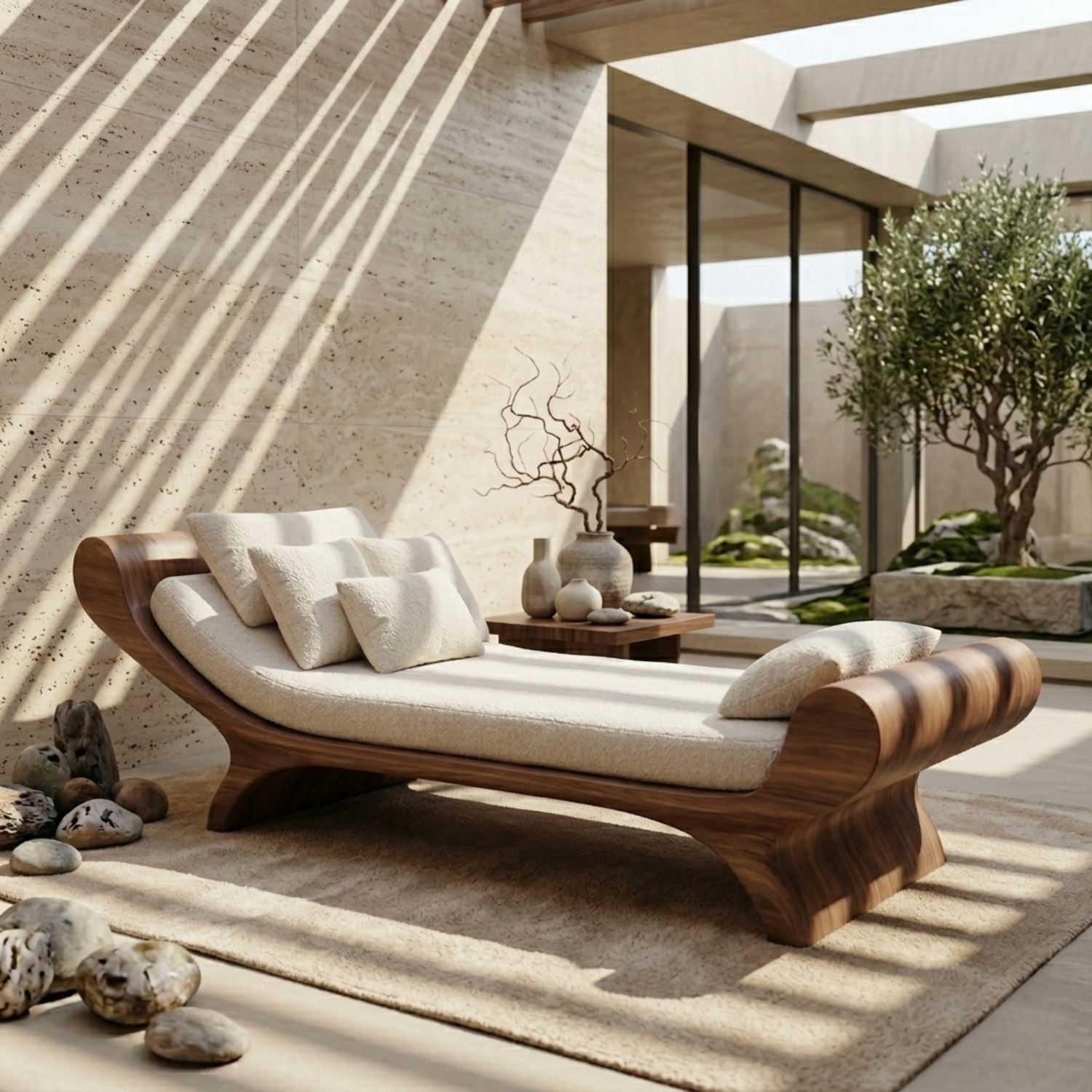 Solid Wood Daybed Frame with Sculptural Curved Design – Modern Minimalist Lounge Bed