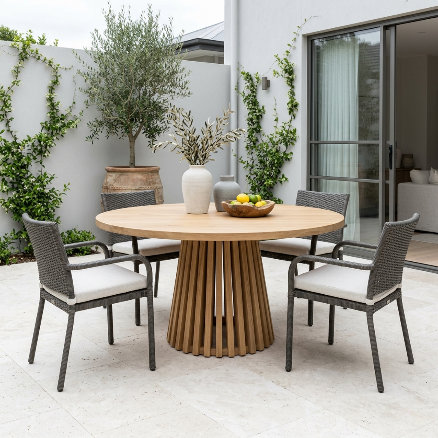 Round Solid Wood Outdoor Dining Table with Slatted Pedestal Base