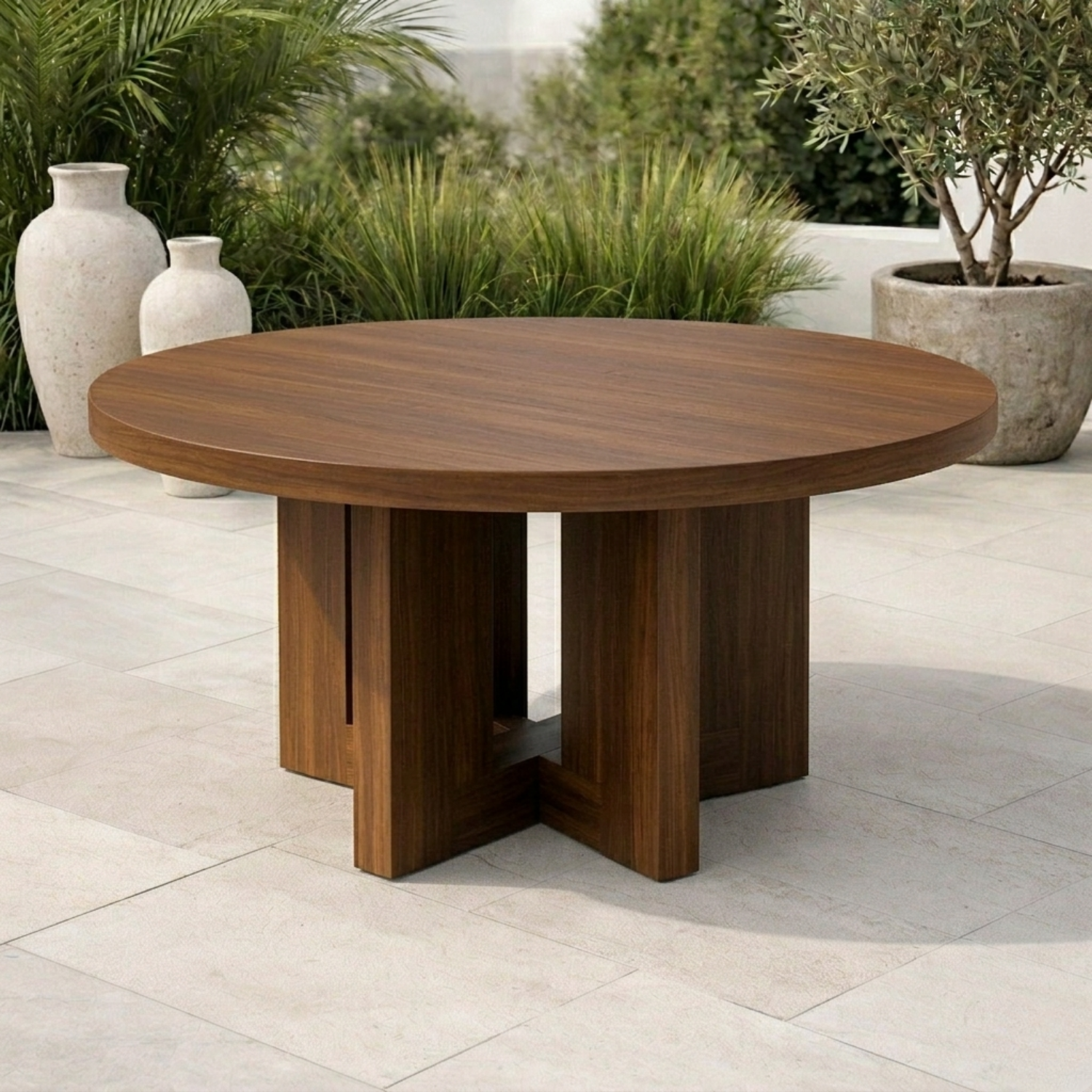 Round Solid Wood Outdoor Dining Table with Architectural Pedestal Base