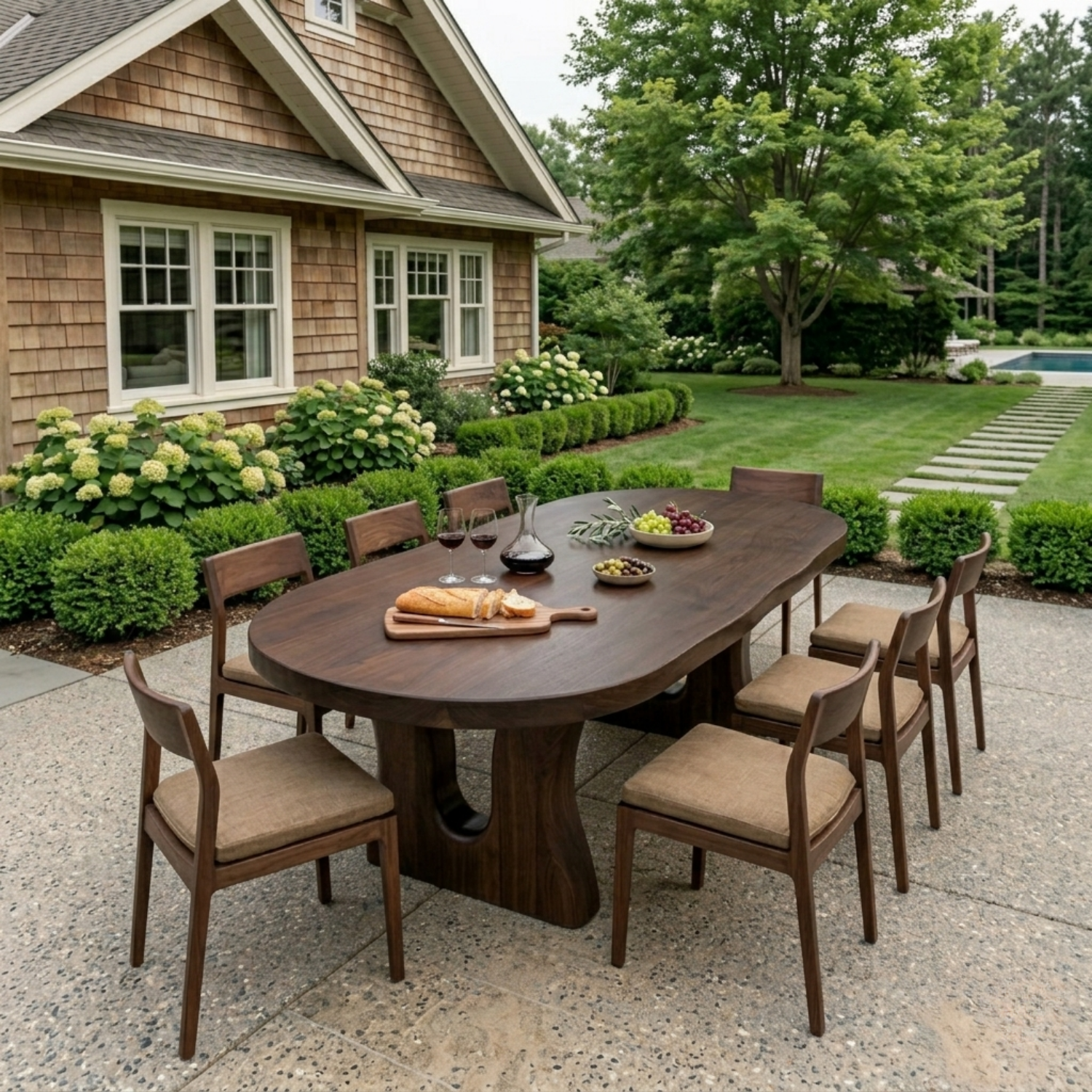 Live Edge Solid Wood Outdoor Dining Table with Sculpted Double Arch Base