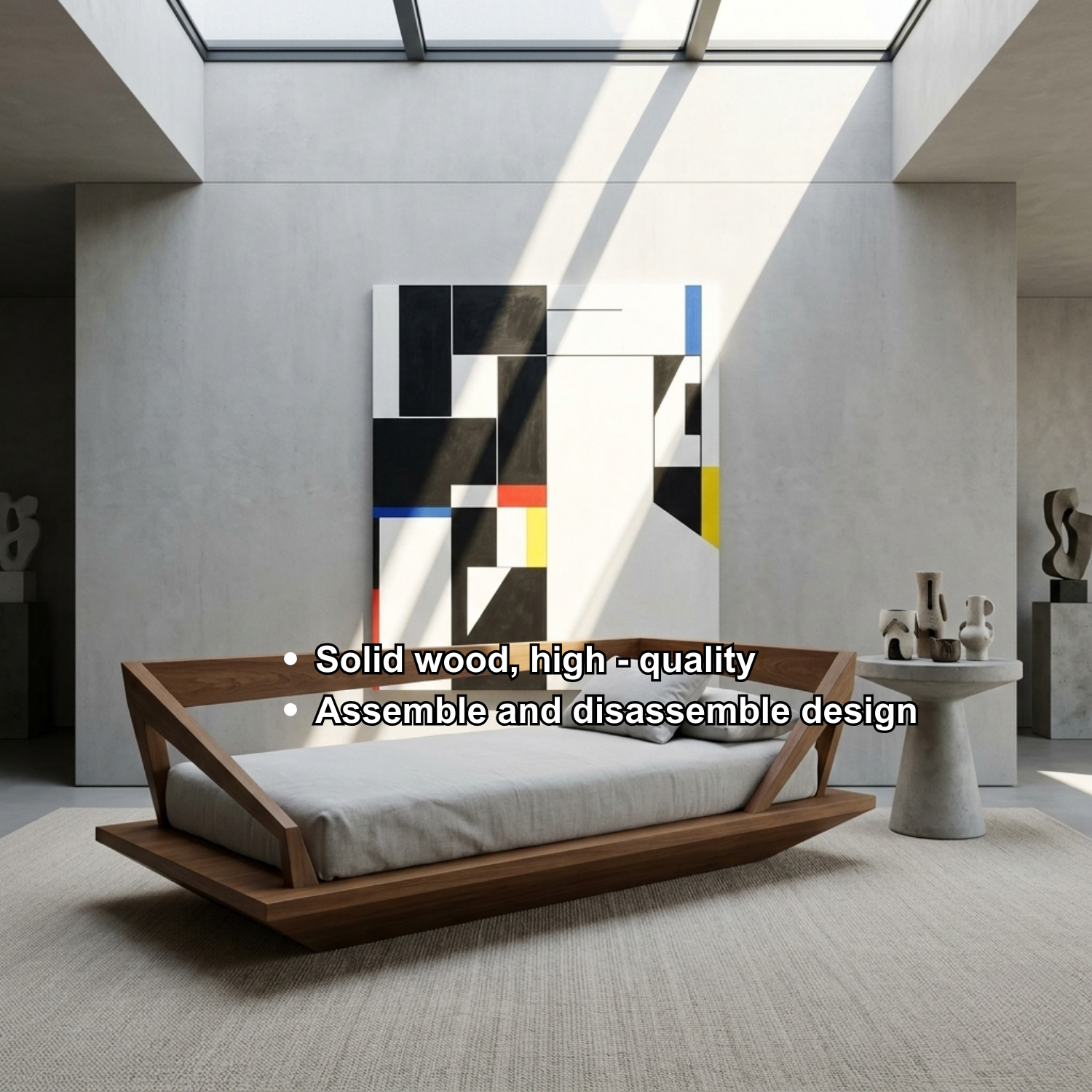 Solid Wood Daybed Frame with Geometric Side Rails – Modern Minimalist Lounge Bed