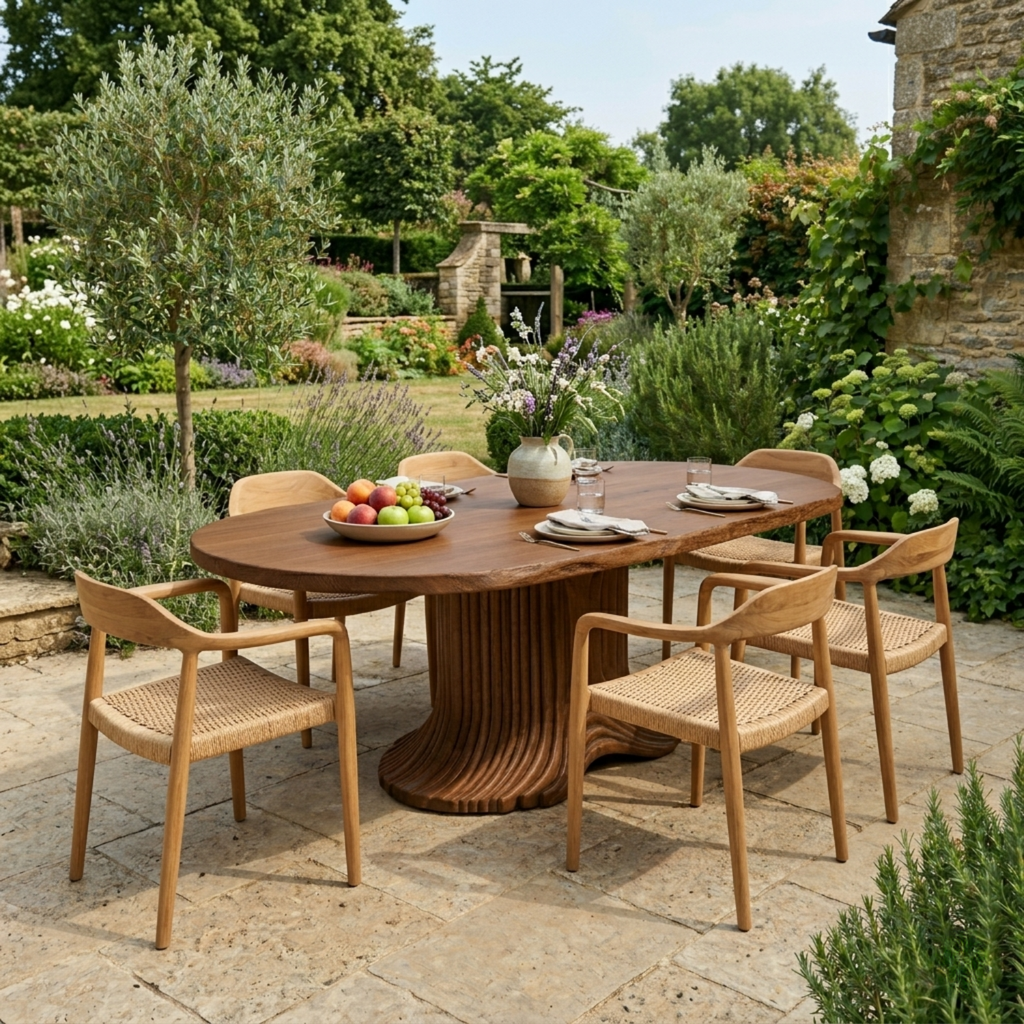 Solid Wood Outdoor Dining Table Oval Live Edge with Sculptural Fluted Pedestal