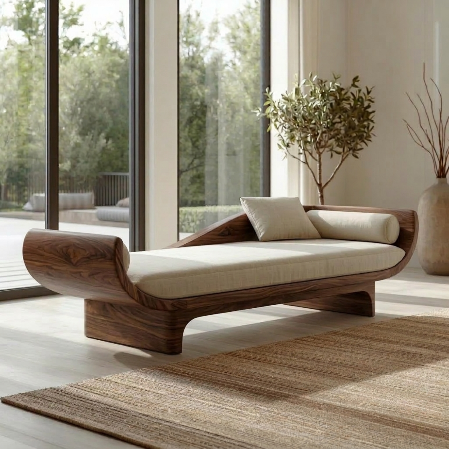 Sculptural Solid Wood Daybed with Curved Ends and Platform Base – Modern Lounge Chaise