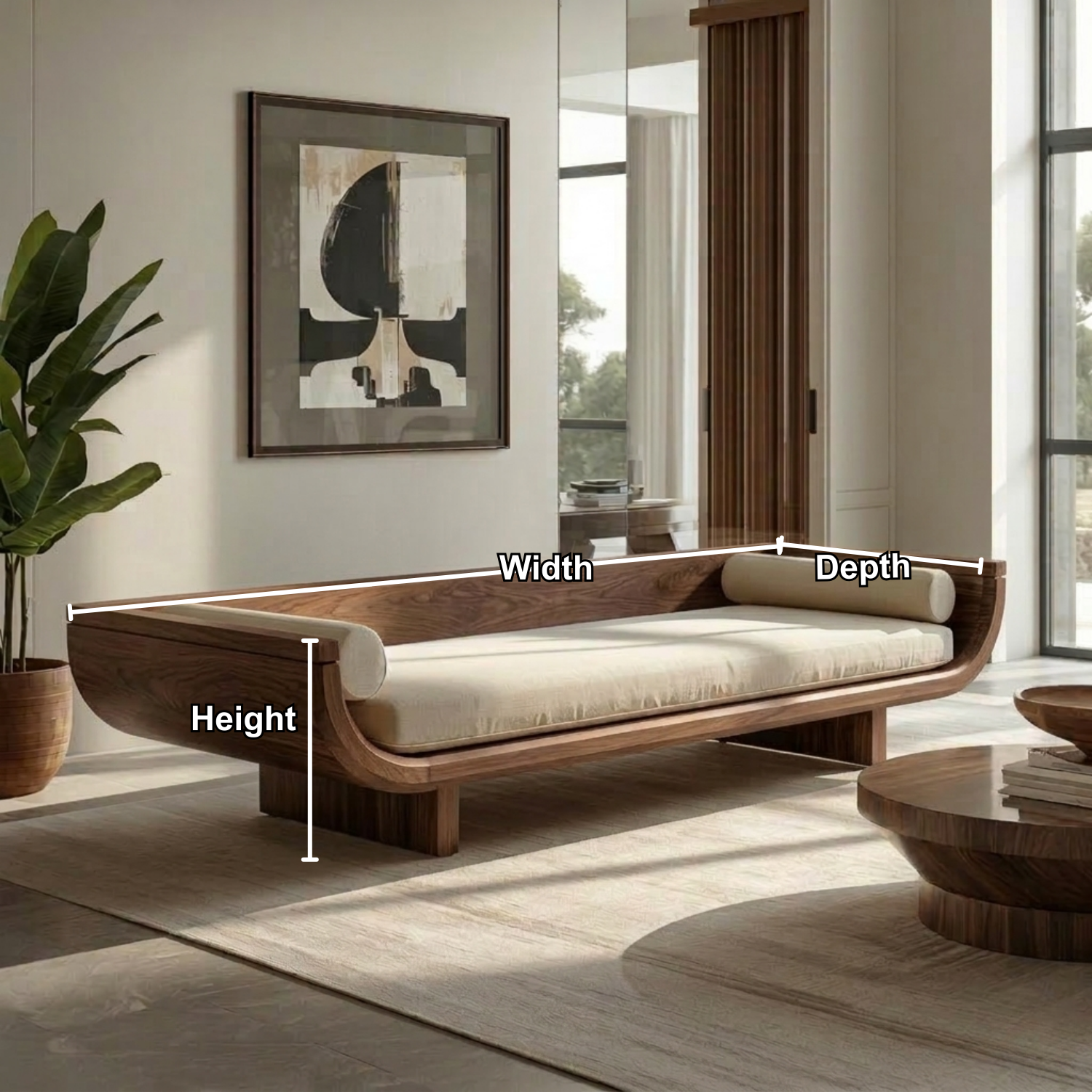 Contemporary Solid Wood Daybed with Curved Backrest and Cushioned Seat