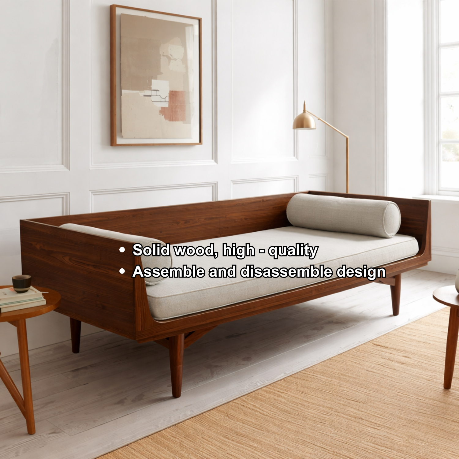 Mid-Century Solid Wood Daybed with Tapered Legs and Side Backrest – Modern Lounge Bench