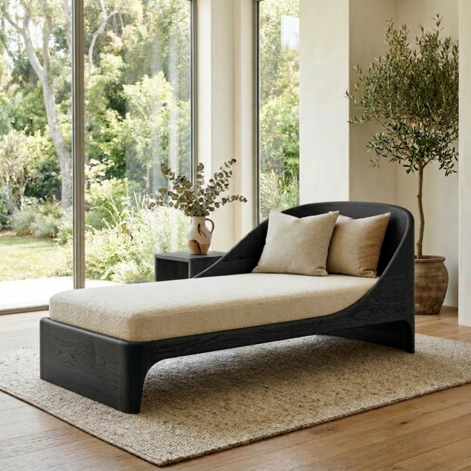 Curved Solid Wood Daybed with Sculpted Backrest – Modern Wooden Lounge Chaise