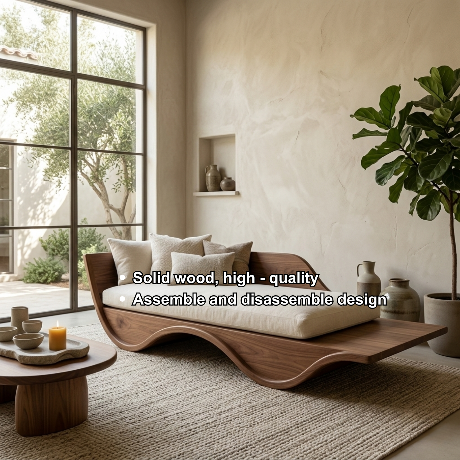 Solid Wood Curved Daybed Frame – Modern Minimalist Wave Design Lounge Bed