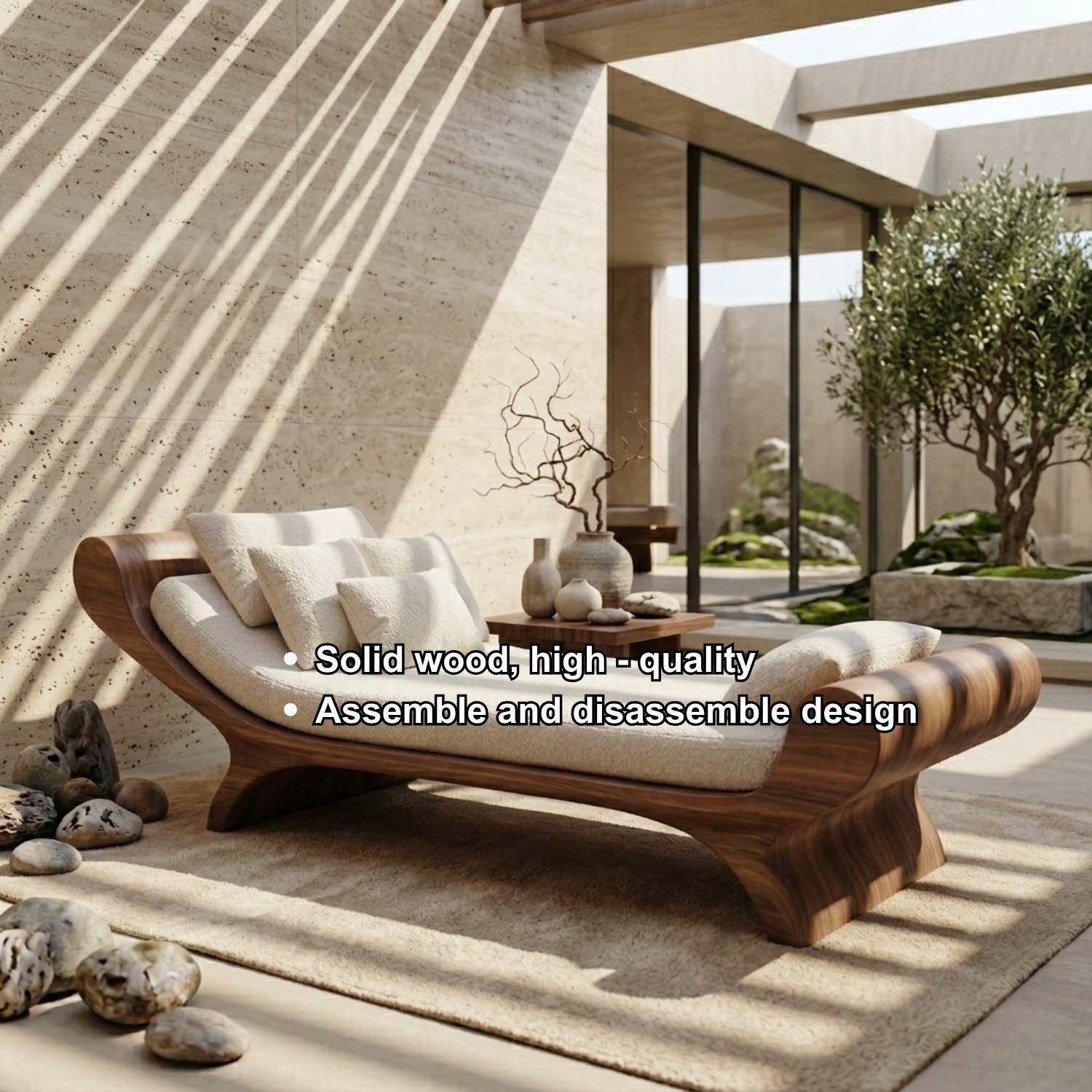 Solid Wood Daybed Frame with Sculptural Curved Design – Modern Minimalist Lounge Bed