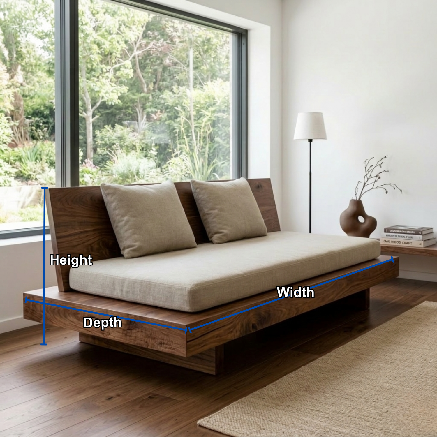 Minimalist Solid Wood Daybed with Platform Base and Angled Backrest – Modern Lounge Sofa
