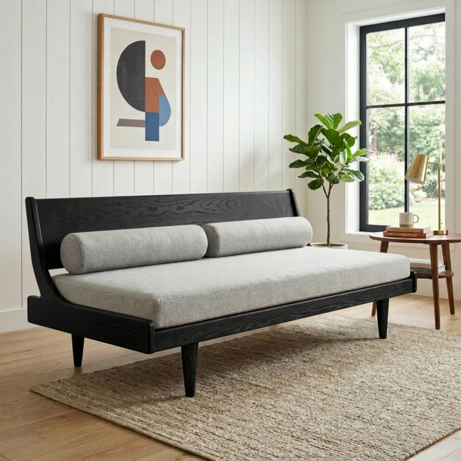 Mid-Century Solid Wood Daybed with Angled Backrest and Tapered Legs – Modern Lounge Sofa