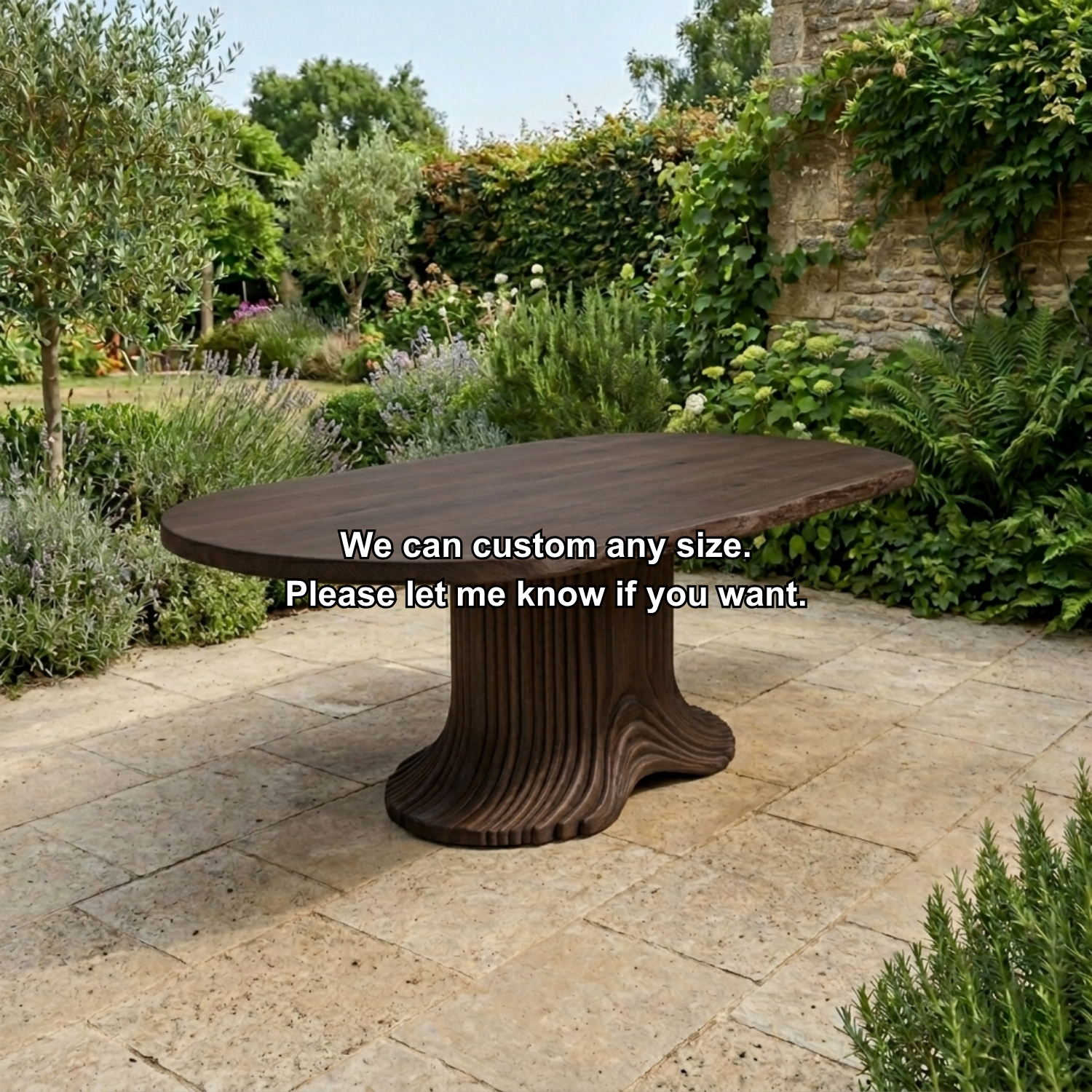 Solid Wood Outdoor Dining Table Oval Live Edge with Sculptural Fluted Pedestal