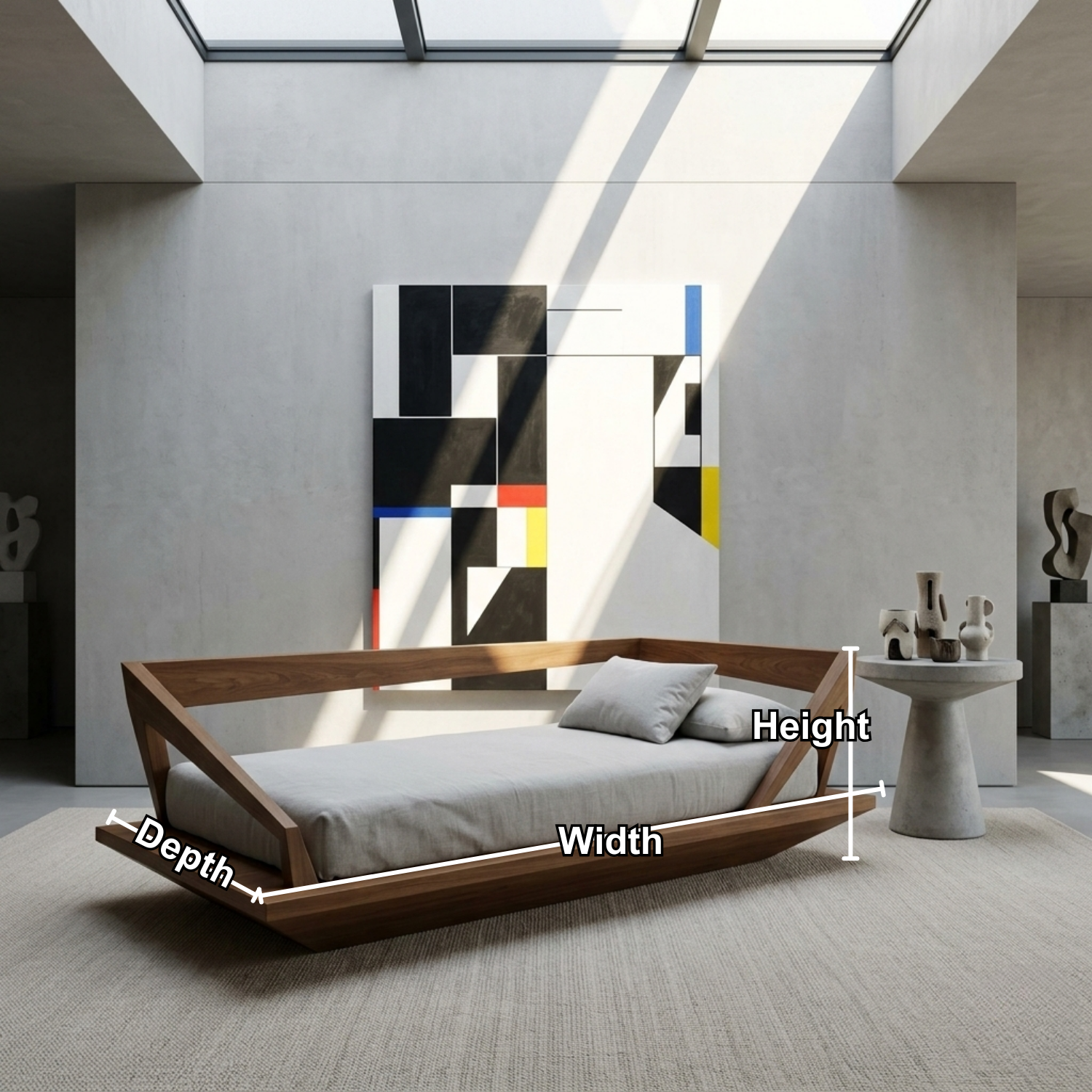 Solid Wood Daybed Frame with Geometric Side Rails – Modern Minimalist Lounge Bed