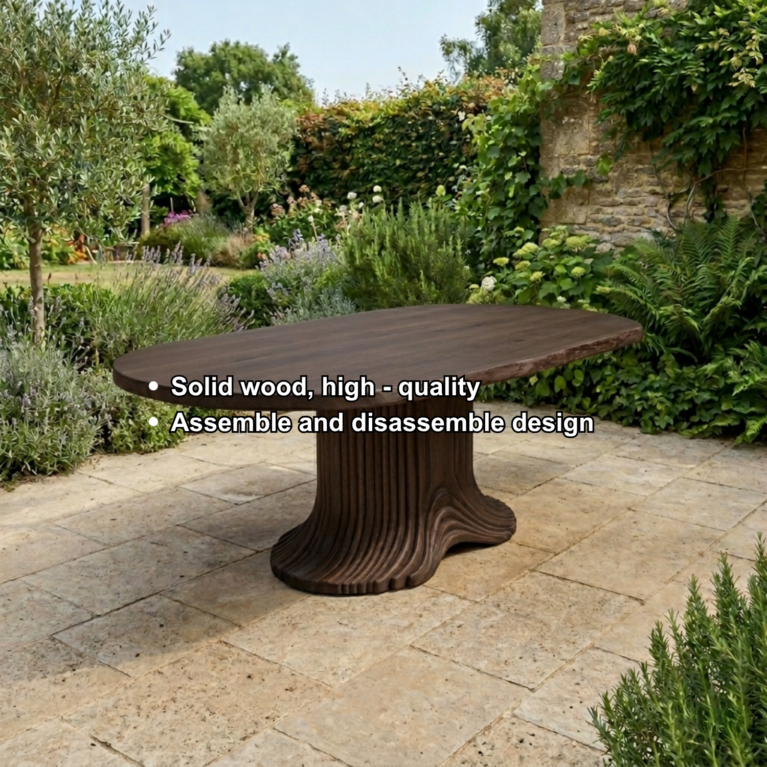 Solid Wood Outdoor Dining Table Oval Live Edge with Sculptural Fluted Pedestal
