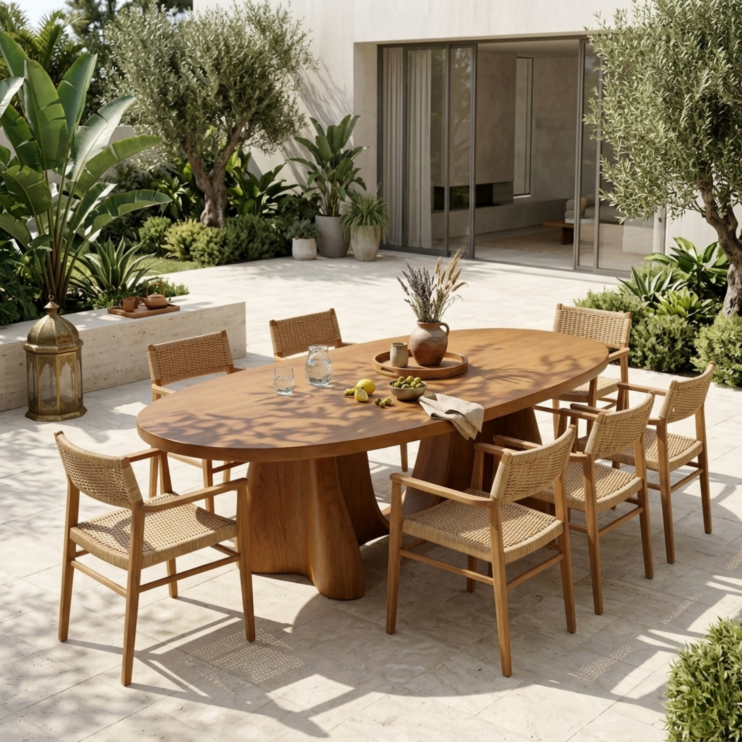 Oval Solid Wood Outdoor Dining Table with Sculptural Curved Pedestal Base