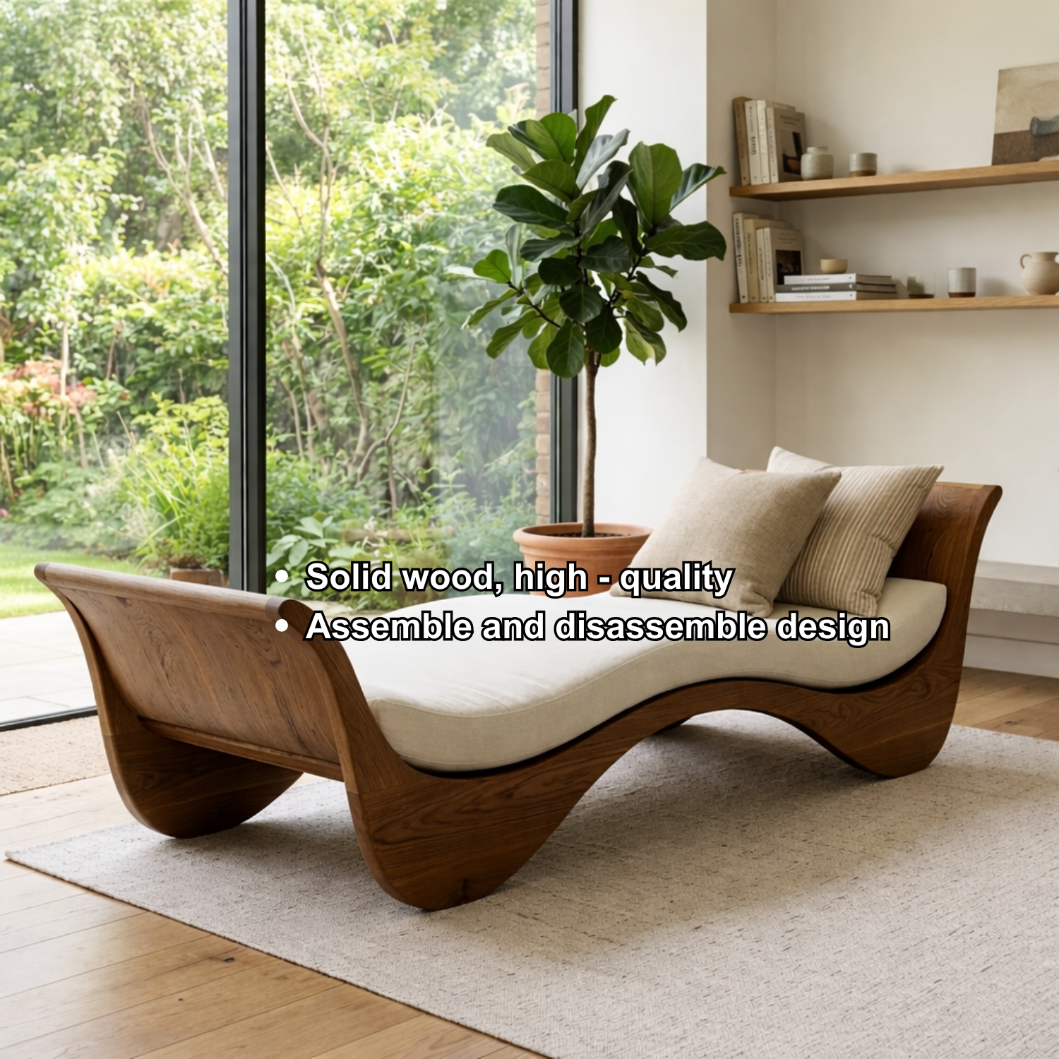 Sculptural Solid Wood Daybed with Curved Frame – Modern Lounge Chaise Daybed
