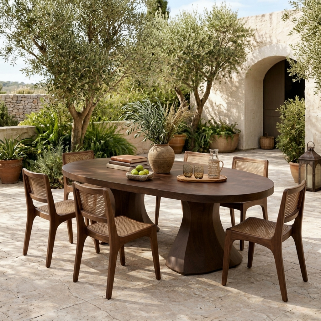 Oval Solid Wood Outdoor Dining Table with Sculpted Pedestal Bases