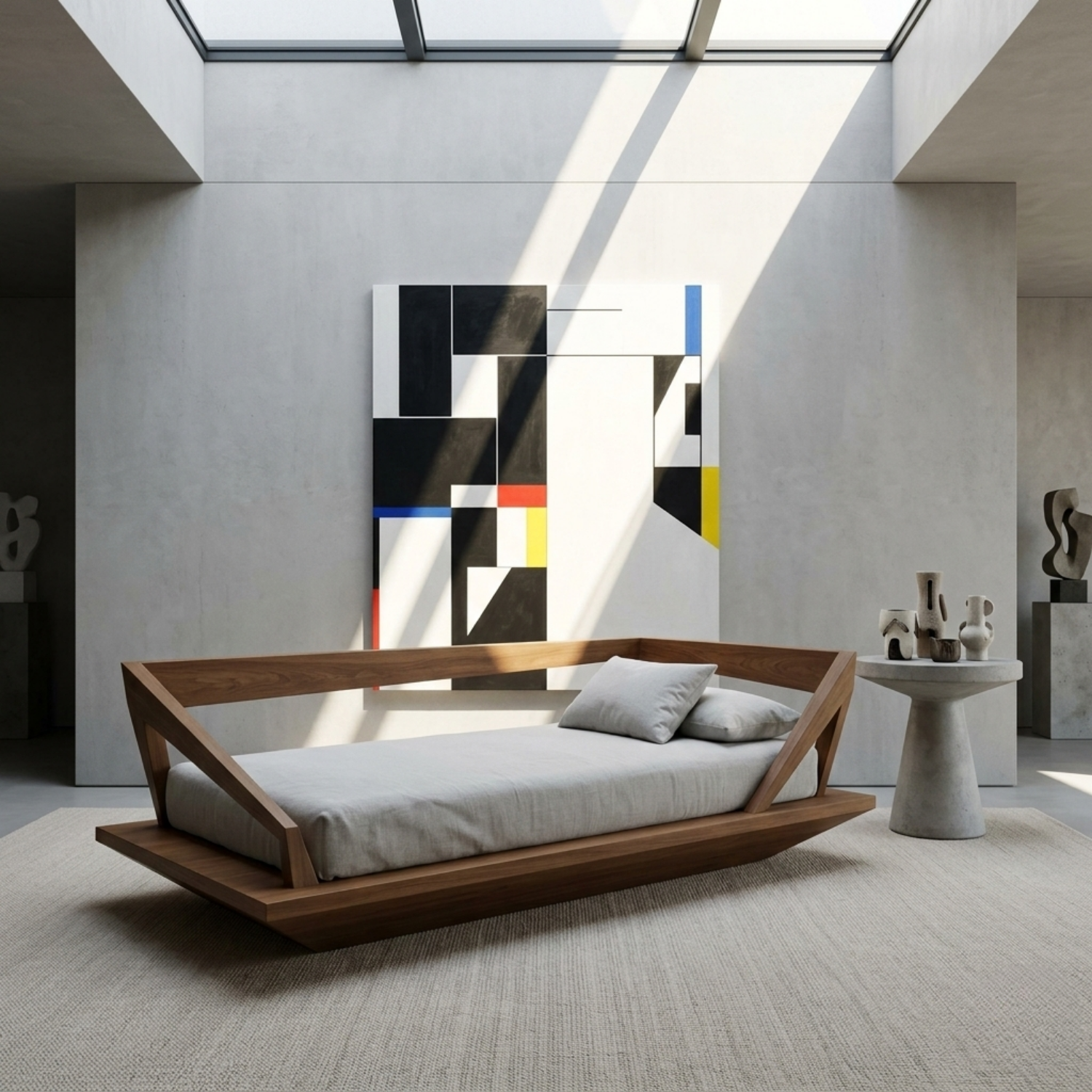 Solid Wood Daybed Frame with Geometric Side Rails – Modern Minimalist Lounge Bed