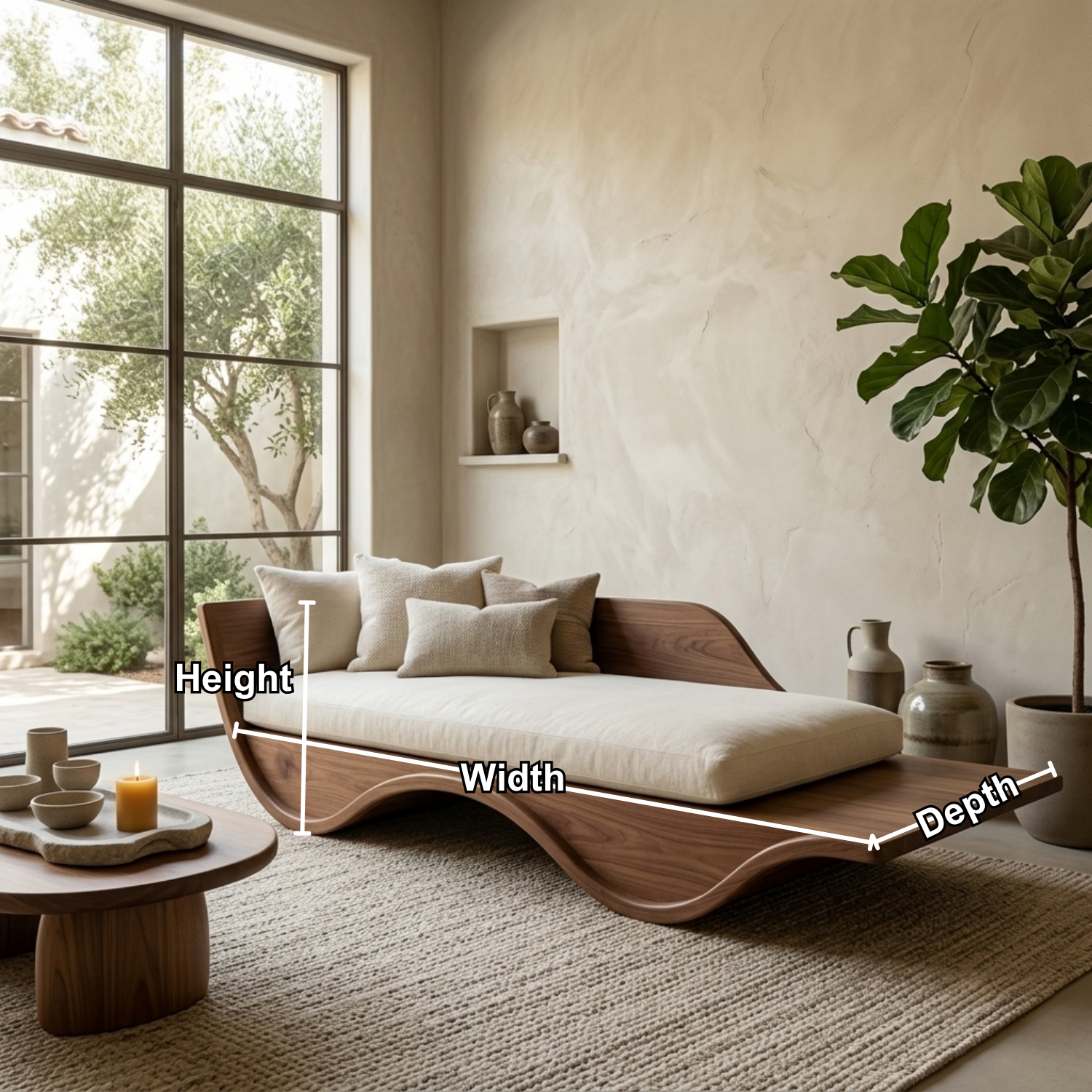 Solid Wood Curved Daybed Frame – Modern Minimalist Wave Design Lounge Bed