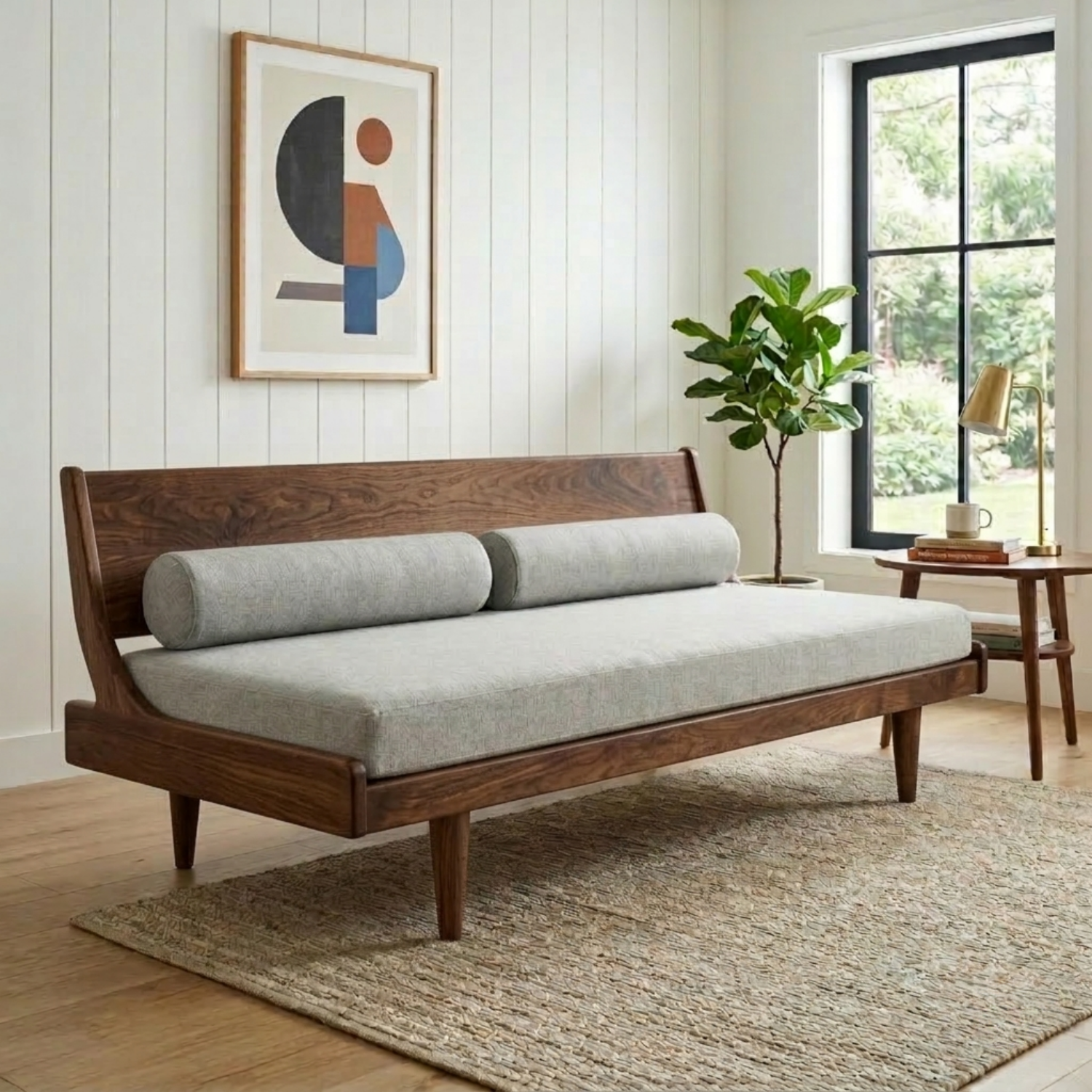 Mid-Century Solid Wood Daybed with Angled Backrest and Tapered Legs – Modern Lounge Sofa