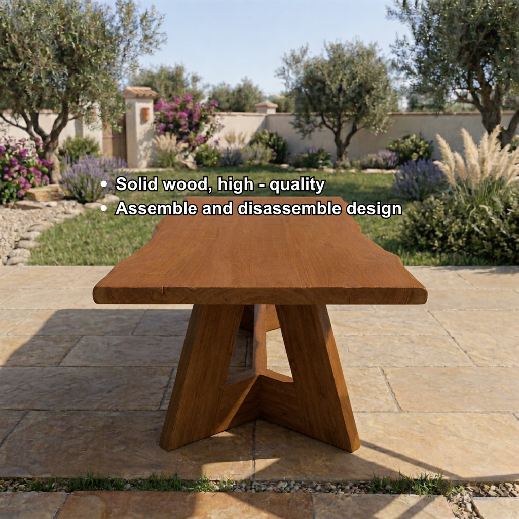 Rectangular Solid Wood Outdoor Dining Table with Geometric Pedestal Base