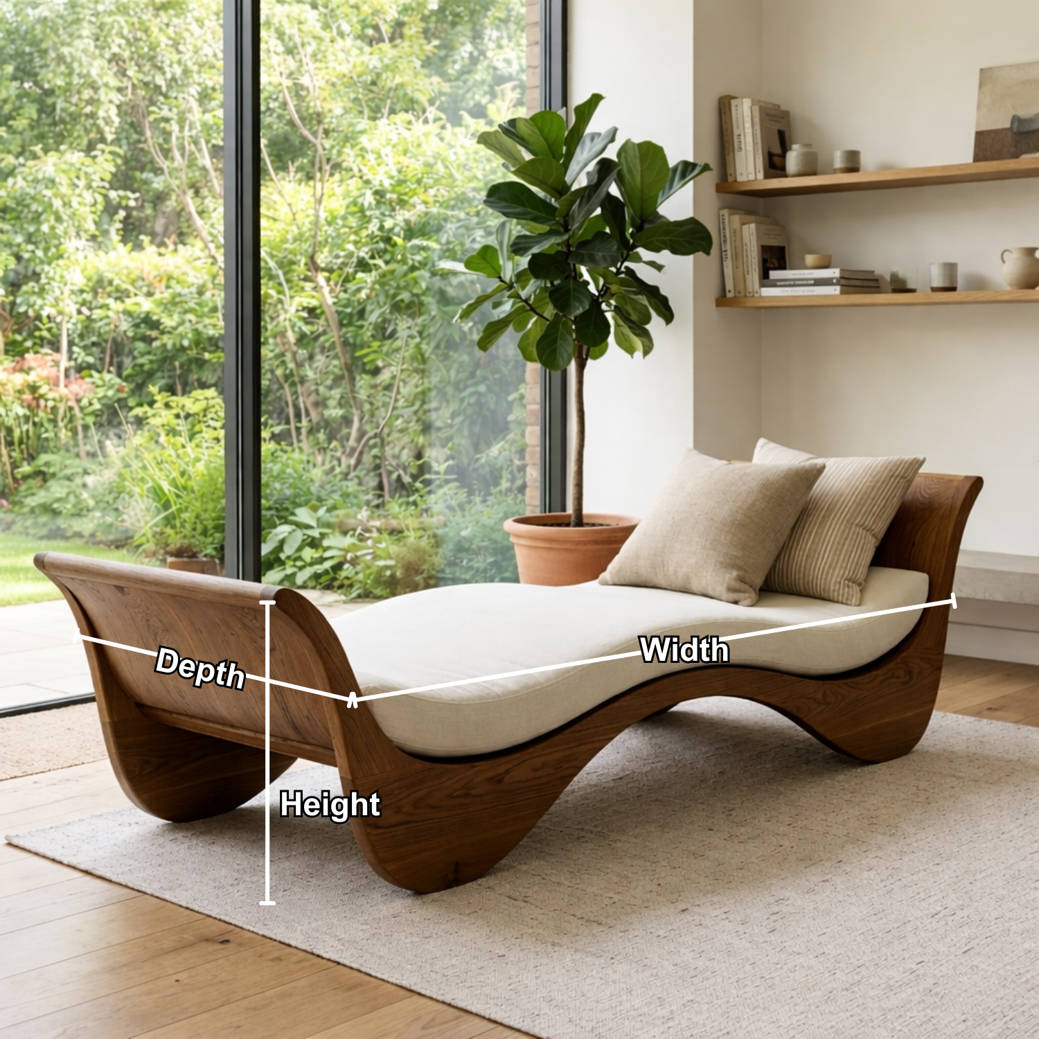 Sculptural Solid Wood Daybed with Curved Frame – Modern Lounge Chaise Daybed