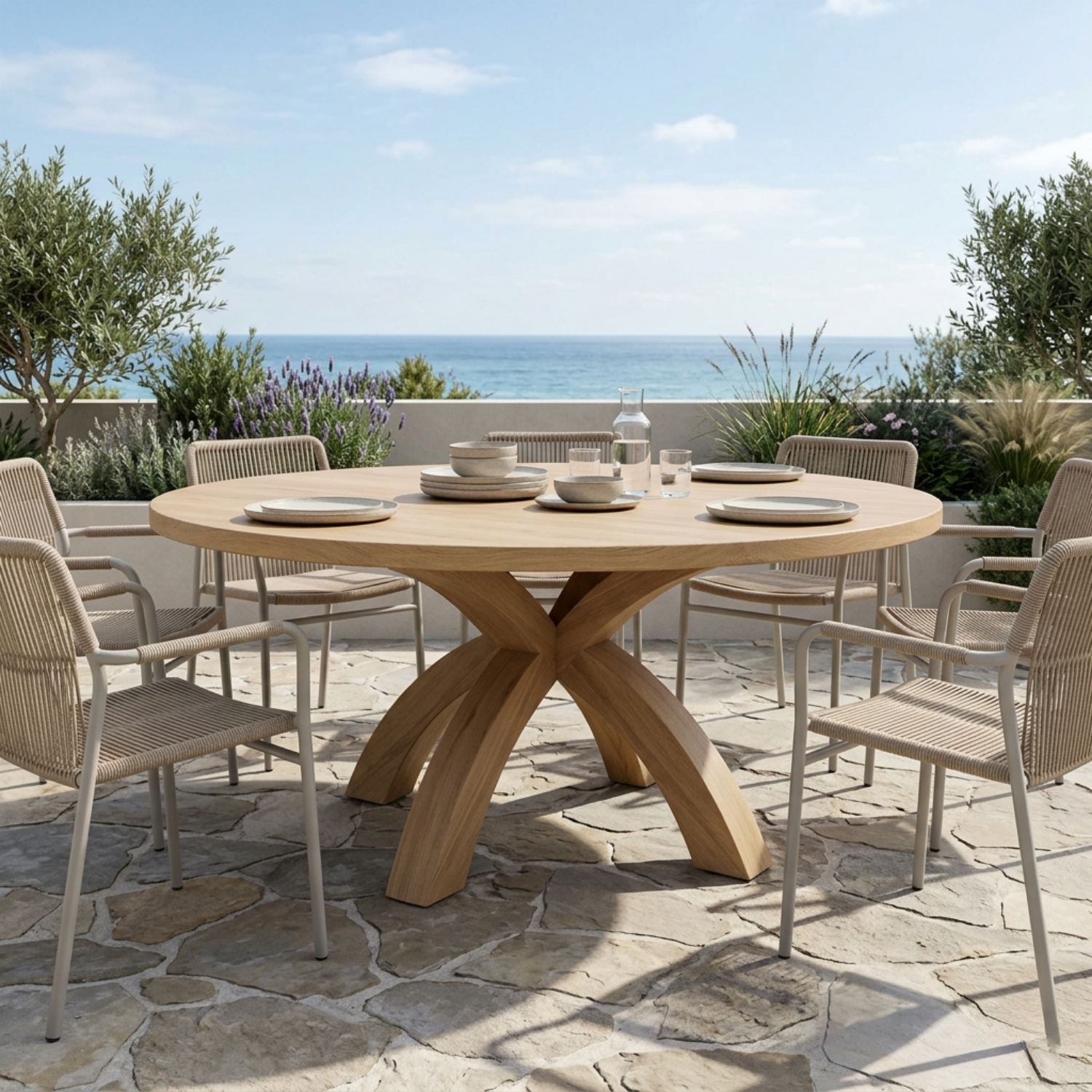 Round Solid Wood Outdoor Dining Table with Curved X Pedestal Base