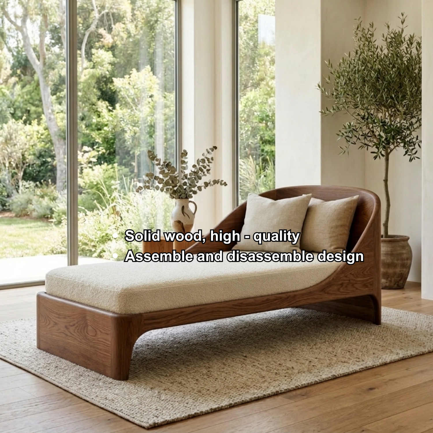 Curved Solid Wood Daybed with Sculpted Backrest – Modern Wooden Lounge Chaise