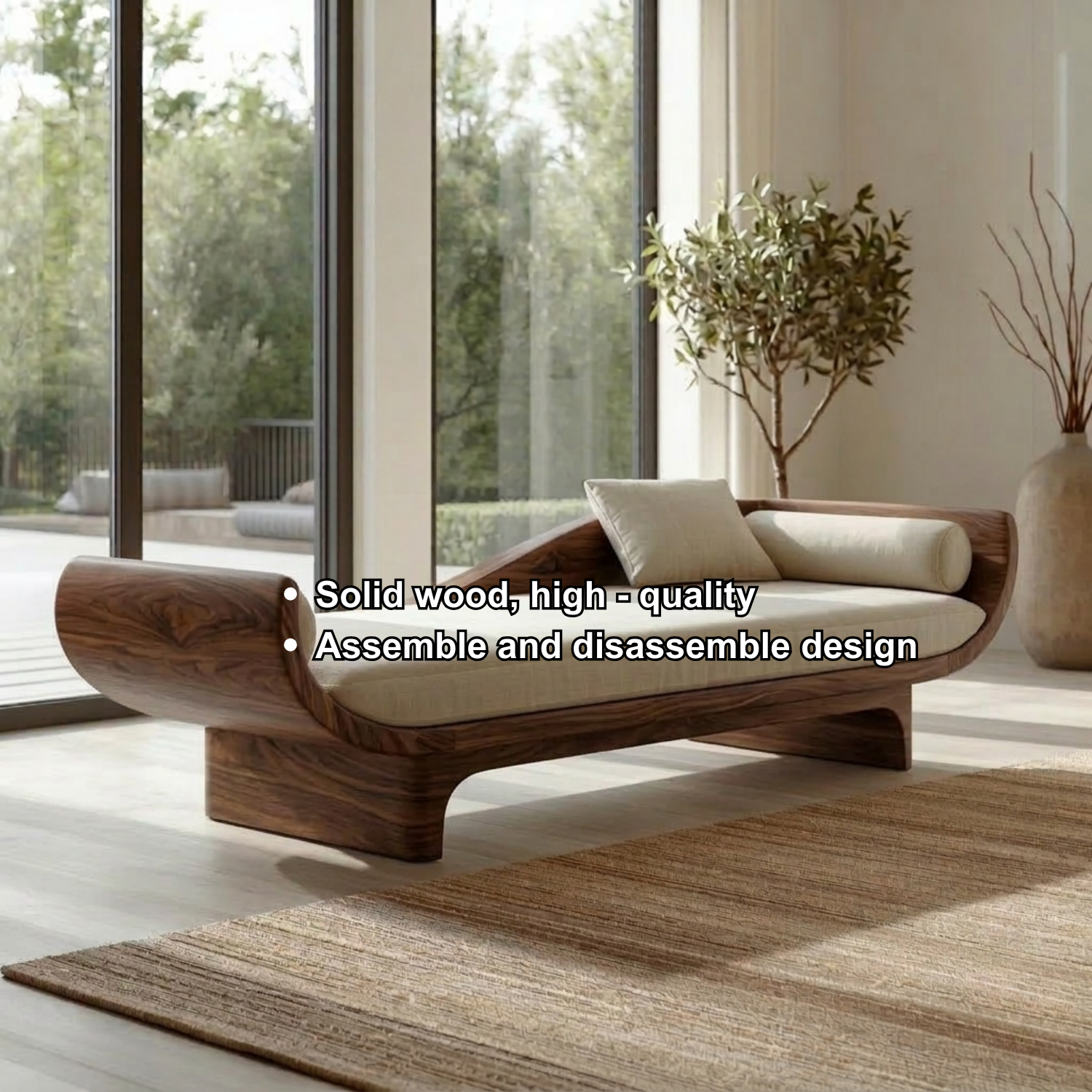 Sculptural Solid Wood Daybed with Curved Ends and Platform Base – Modern Lounge Chaise