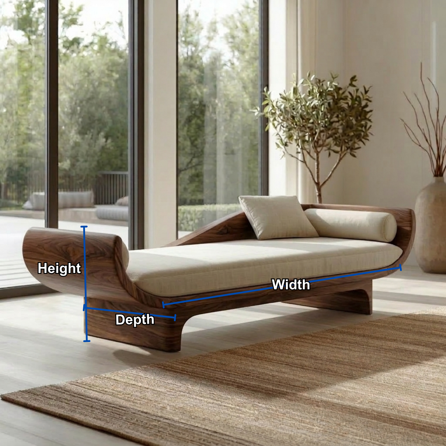 Sculptural Solid Wood Daybed with Curved Ends and Platform Base – Modern Lounge Chaise