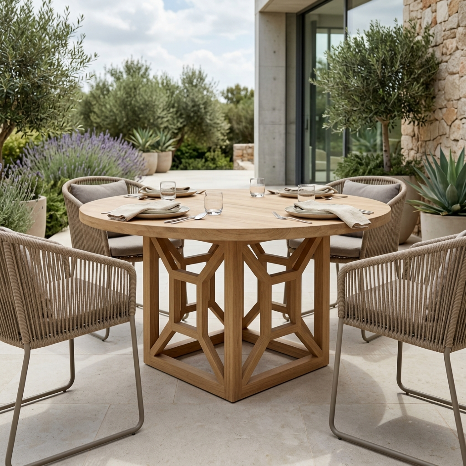 Round Solid Wood Outdoor Dining Table with Geometric Architectural Pedestal Base