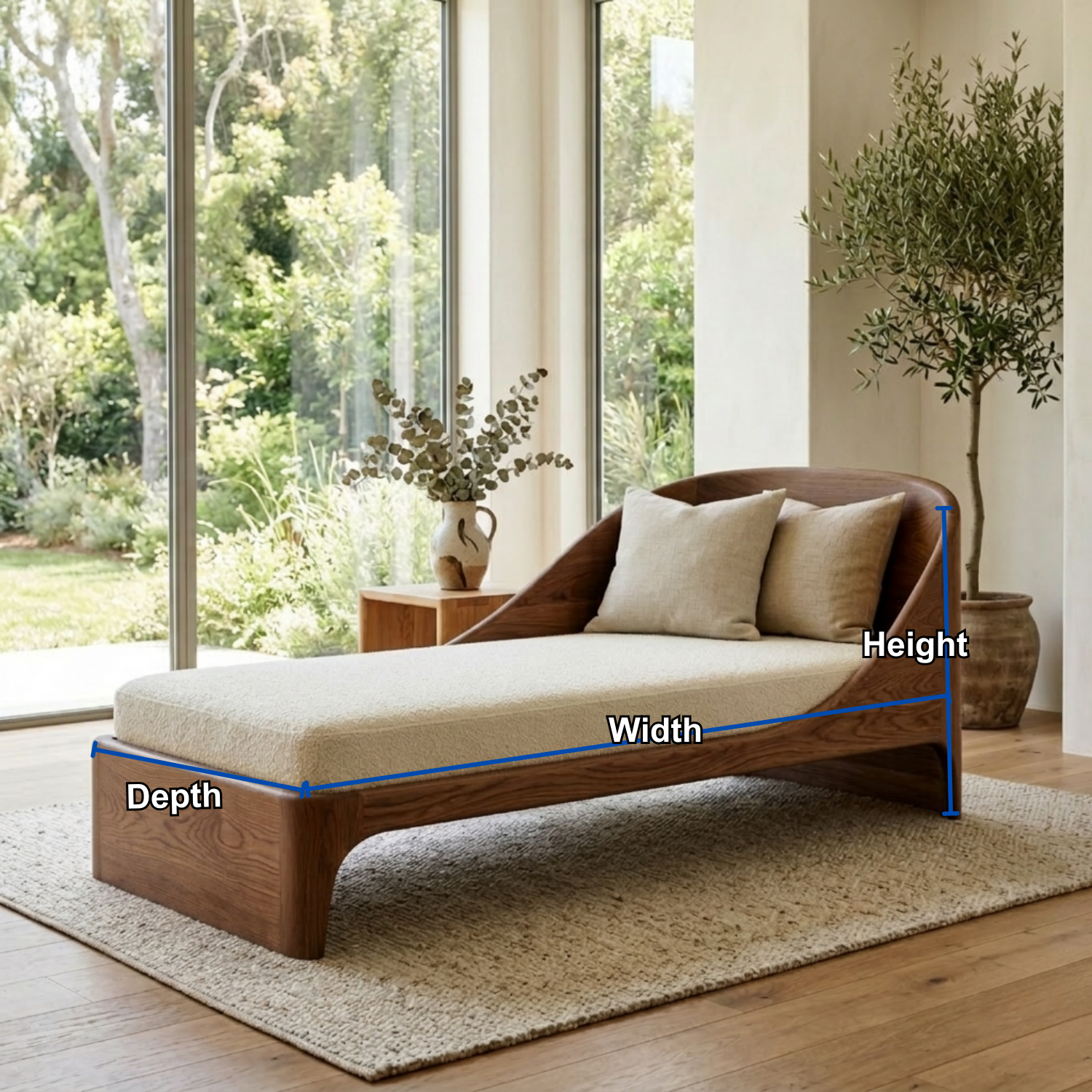Curved Solid Wood Daybed with Sculpted Backrest – Modern Wooden Lounge Chaise