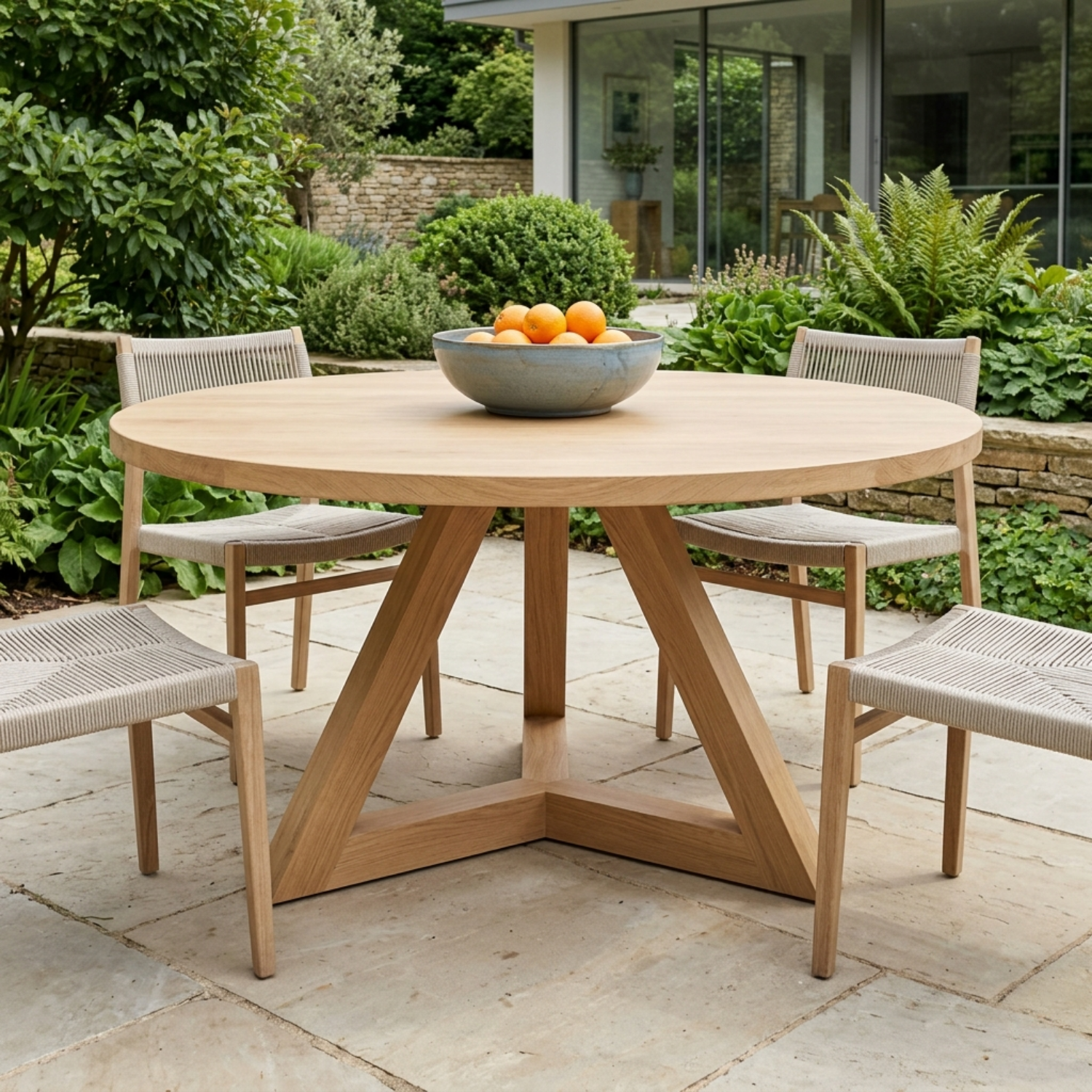 Round Solid Wood Outdoor Dining Table with Angular Cross Pedestal Base