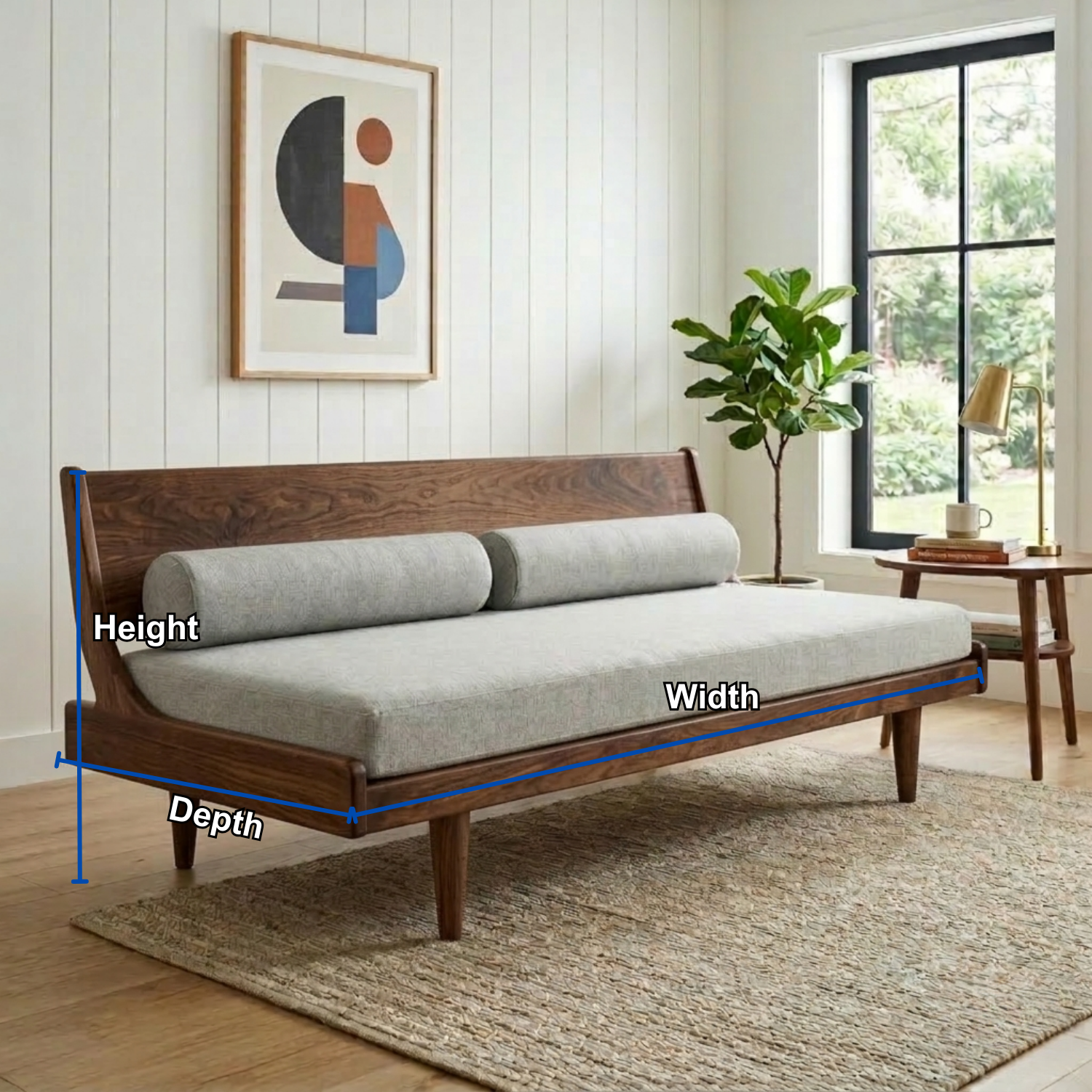 Mid-Century Solid Wood Daybed with Angled Backrest and Tapered Legs – Modern Lounge Sofa