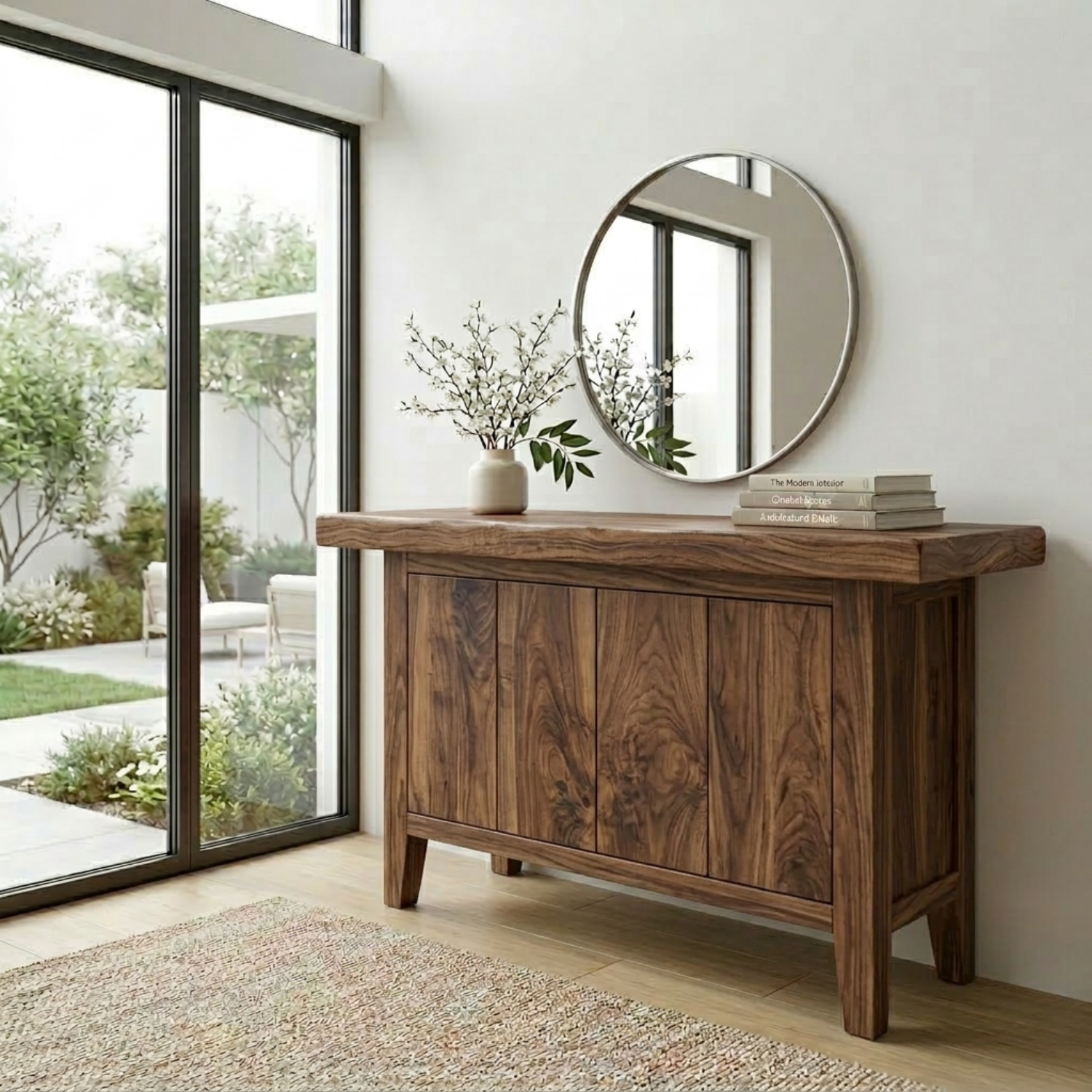 Solid Wood Console Table with Cabinet Storage – Modern Rustic Entryway Sideboard