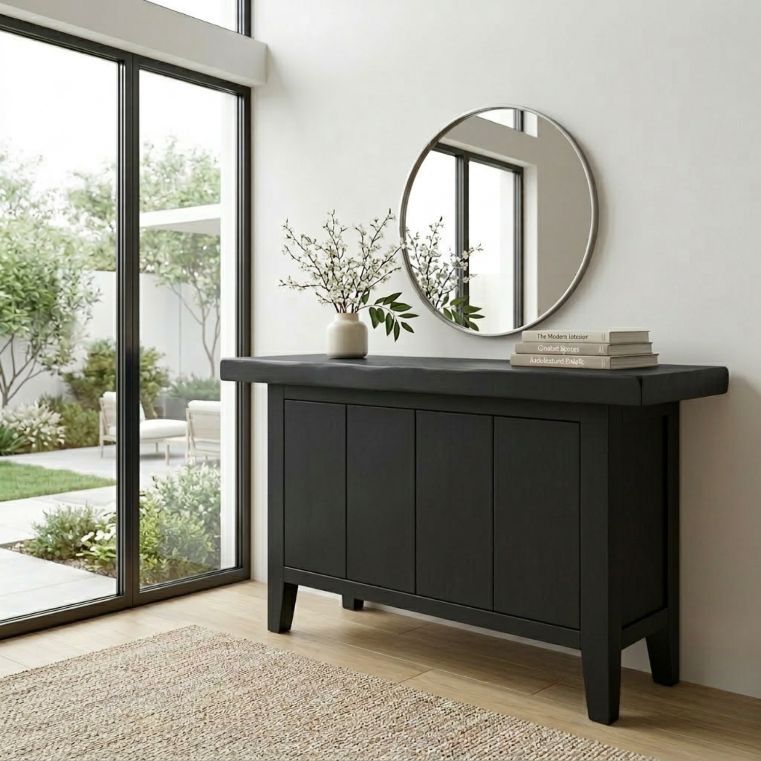 Solid Wood Console Table with Cabinet Storage – Modern Rustic Entryway Sideboard