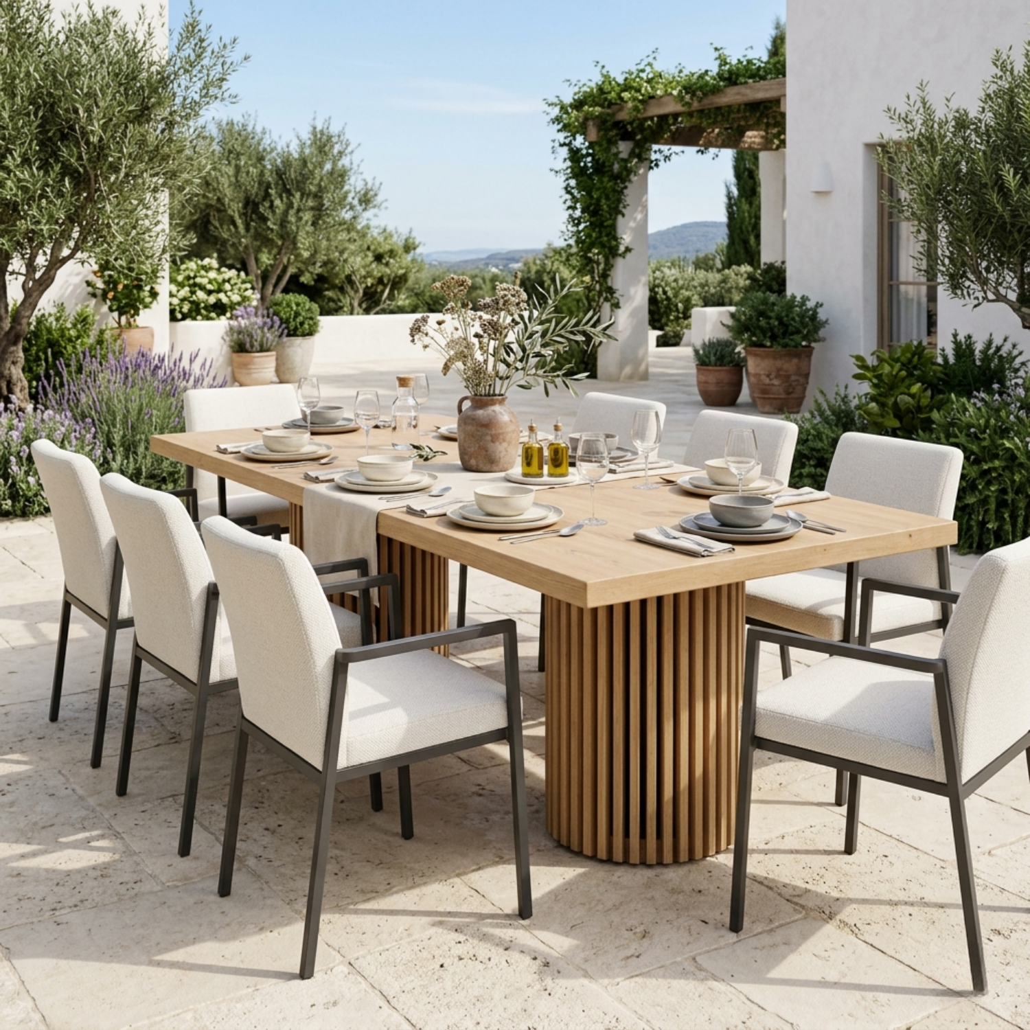 Rectangular Solid Wood Outdoor Dining Table with Fluted Pedestal Base