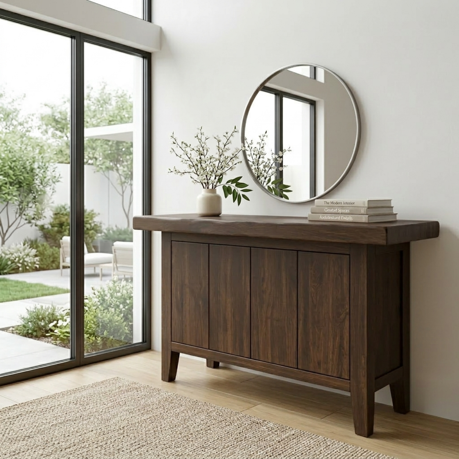 Solid Wood Console Table with Cabinet Storage – Modern Rustic Entryway Sideboard