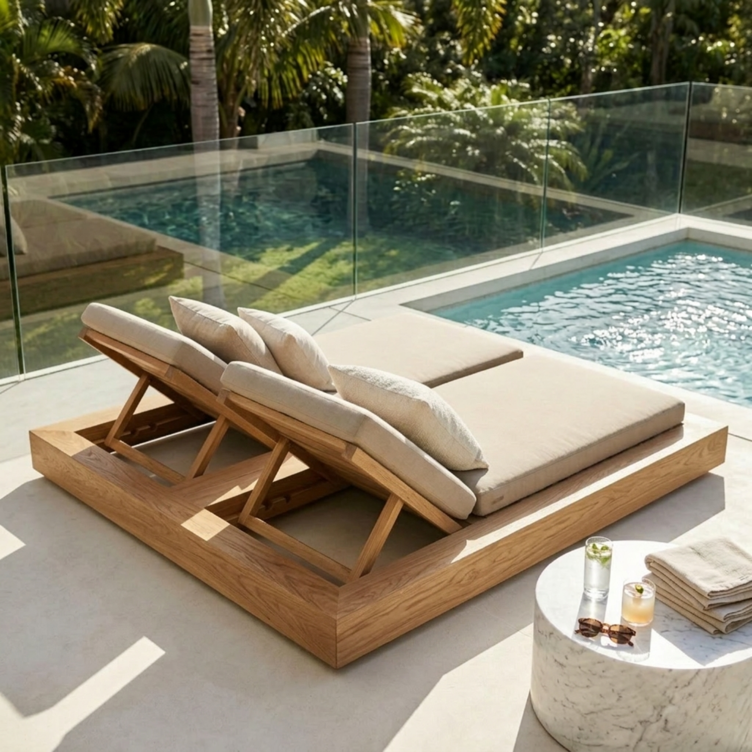 Solid Wood Double Chaise Lounge with Adjustable Backrest for Poolside Relaxation