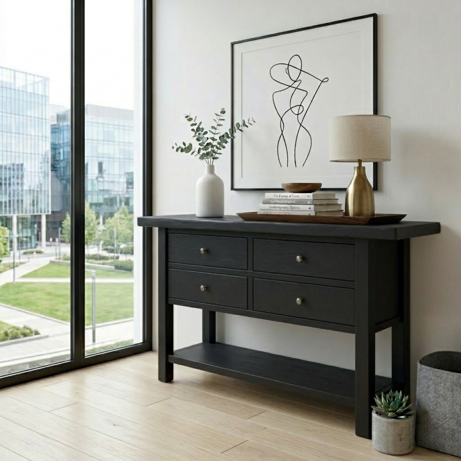 Solid Wood Console Table with 4 Drawers and Shelf – Rustic Entryway Storage Table