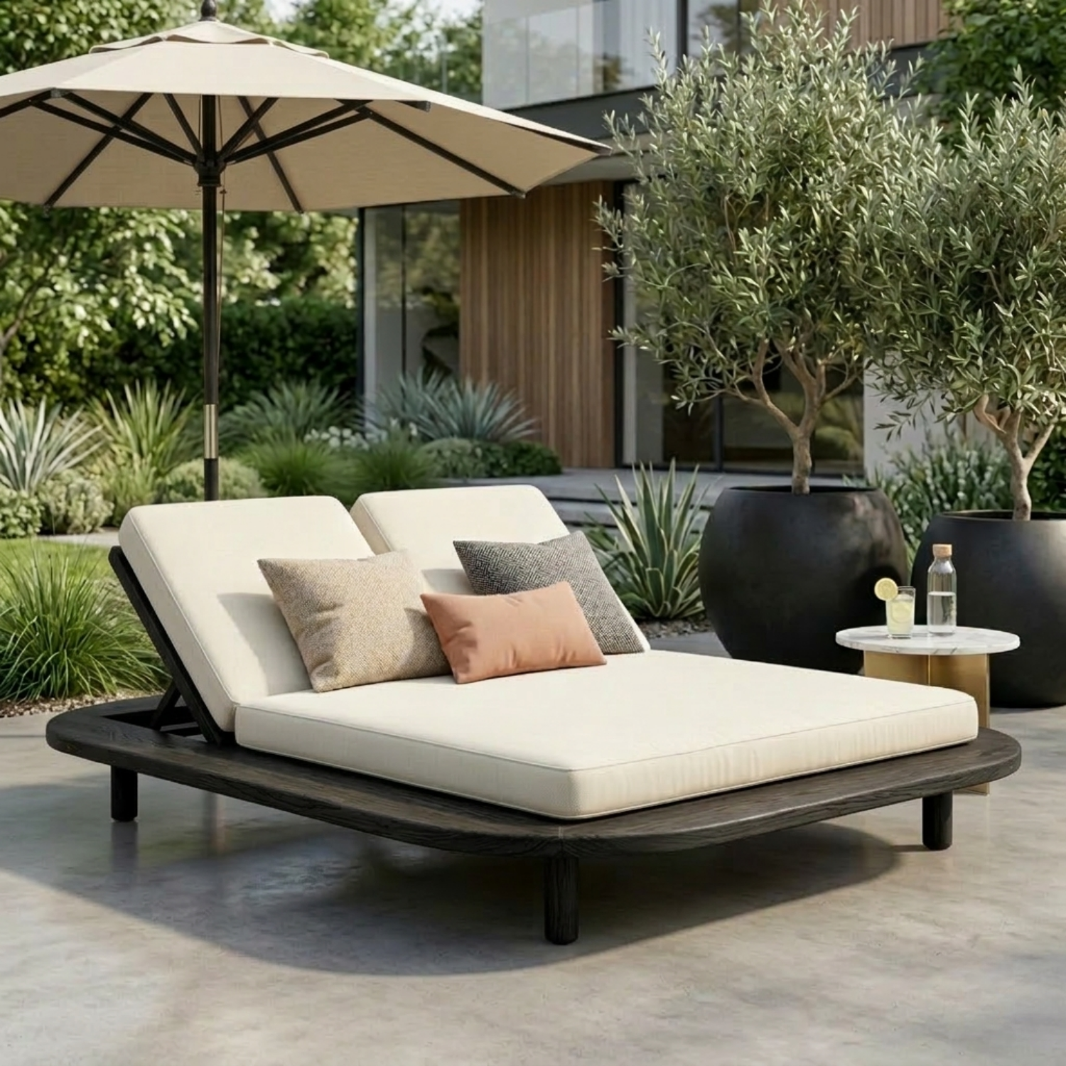 Luxury Solid Wood Double Outdoor Chaise Lounger Frame - Adjustable Resort Daybed