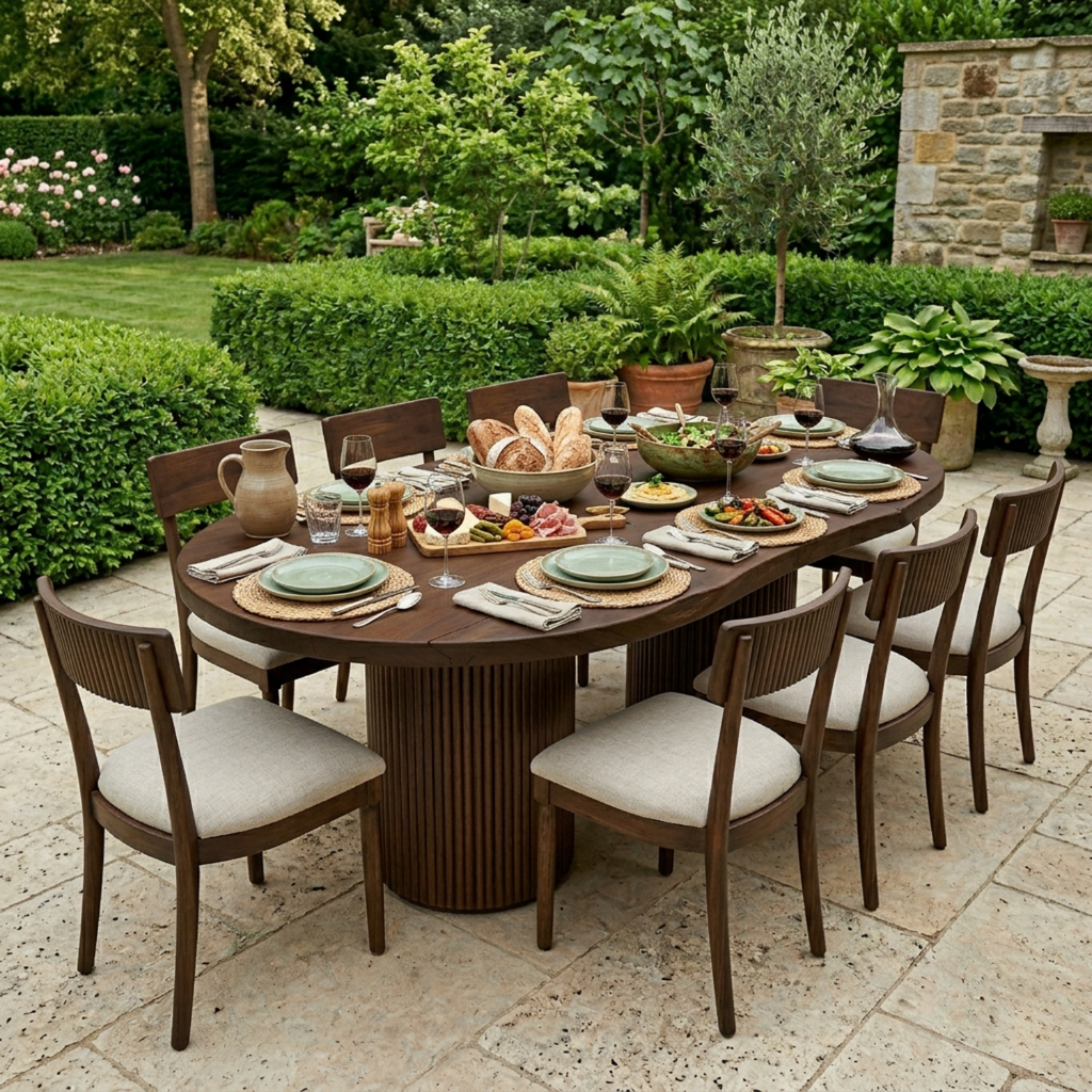 Solid Wood Outdoor Dining Table Oval Sculptural Base Modern Patio Garden Table