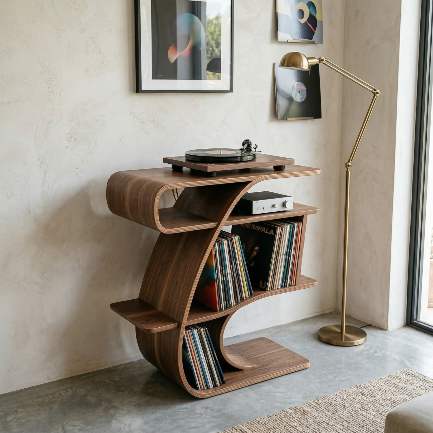 S-Curve Solid Wood Record Player Stand with Vinyl Storage Shelves