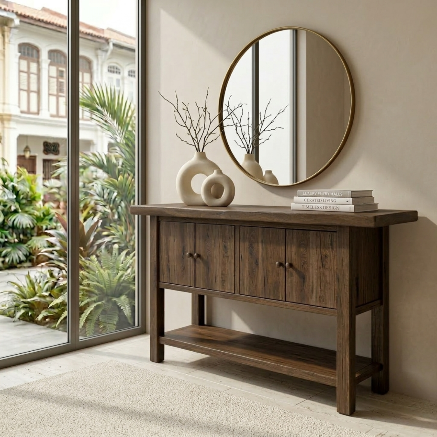 Solid Wood Console Table with Cabinet Doors and Shelf – Rustic Entryway Storage Table